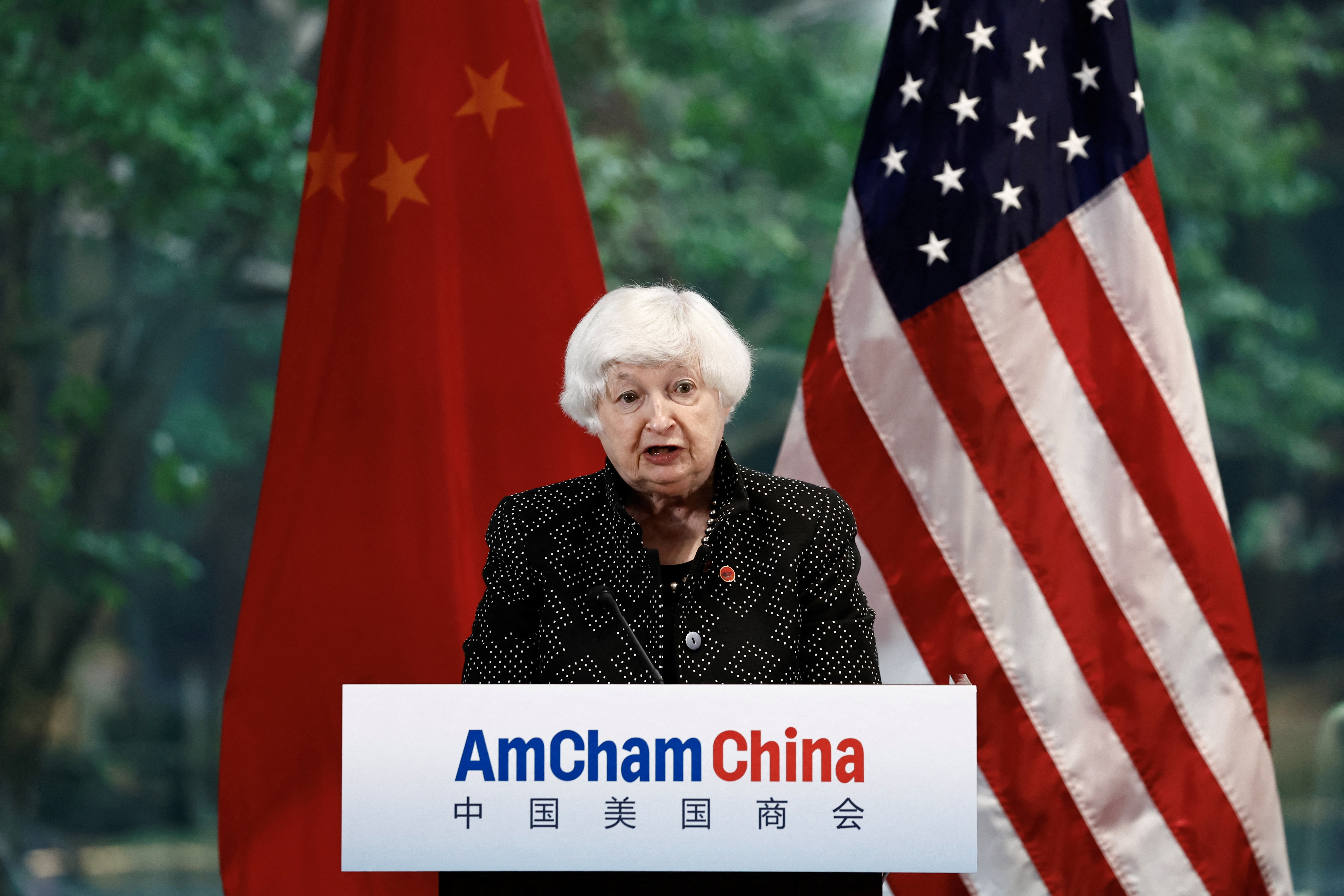 U.S. Treasury Secretary Janet Yellen speaks during an event by the American Chamber of Commerce in China (AmCham China) in Guangzhou