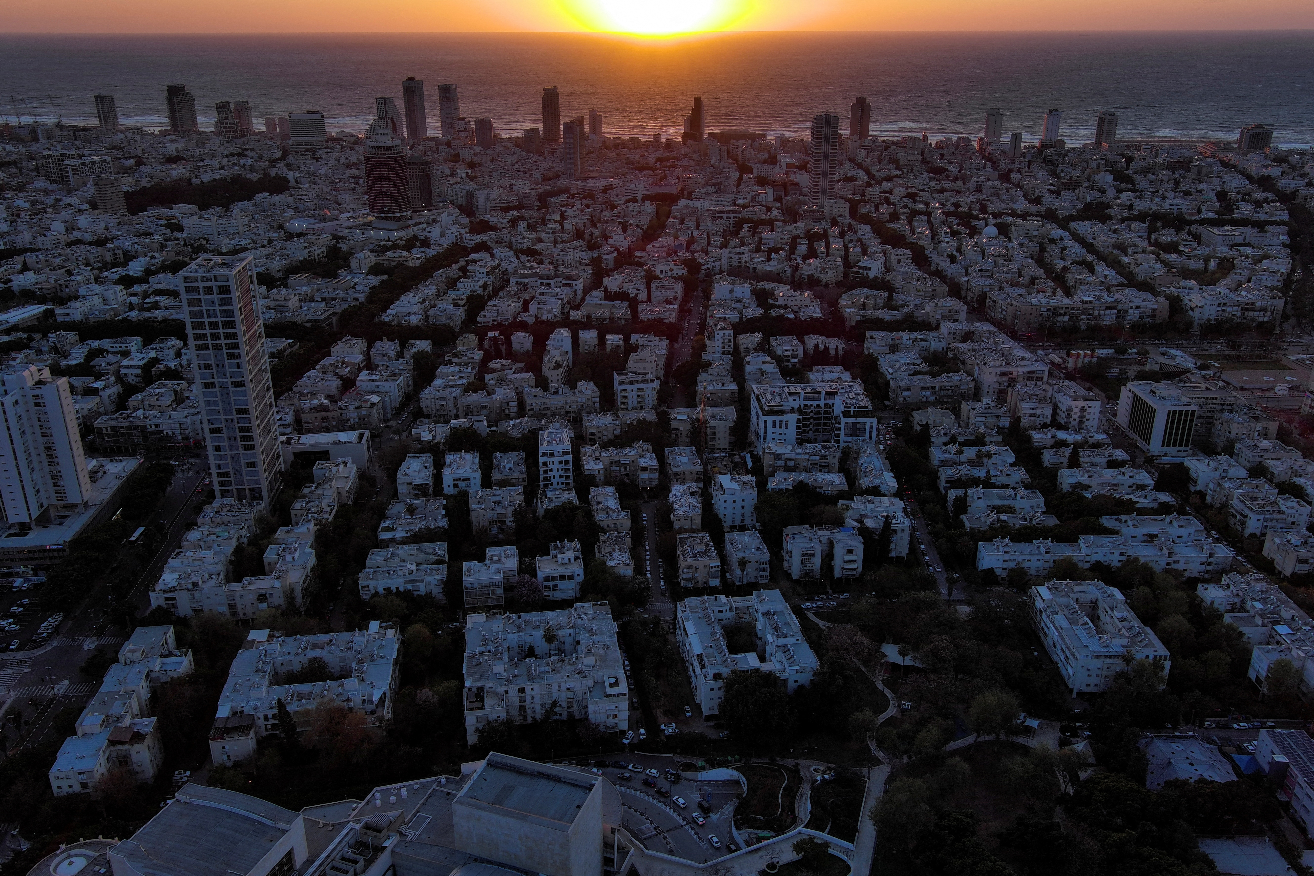 An aerial view shows the skyline of Tel Aviv,