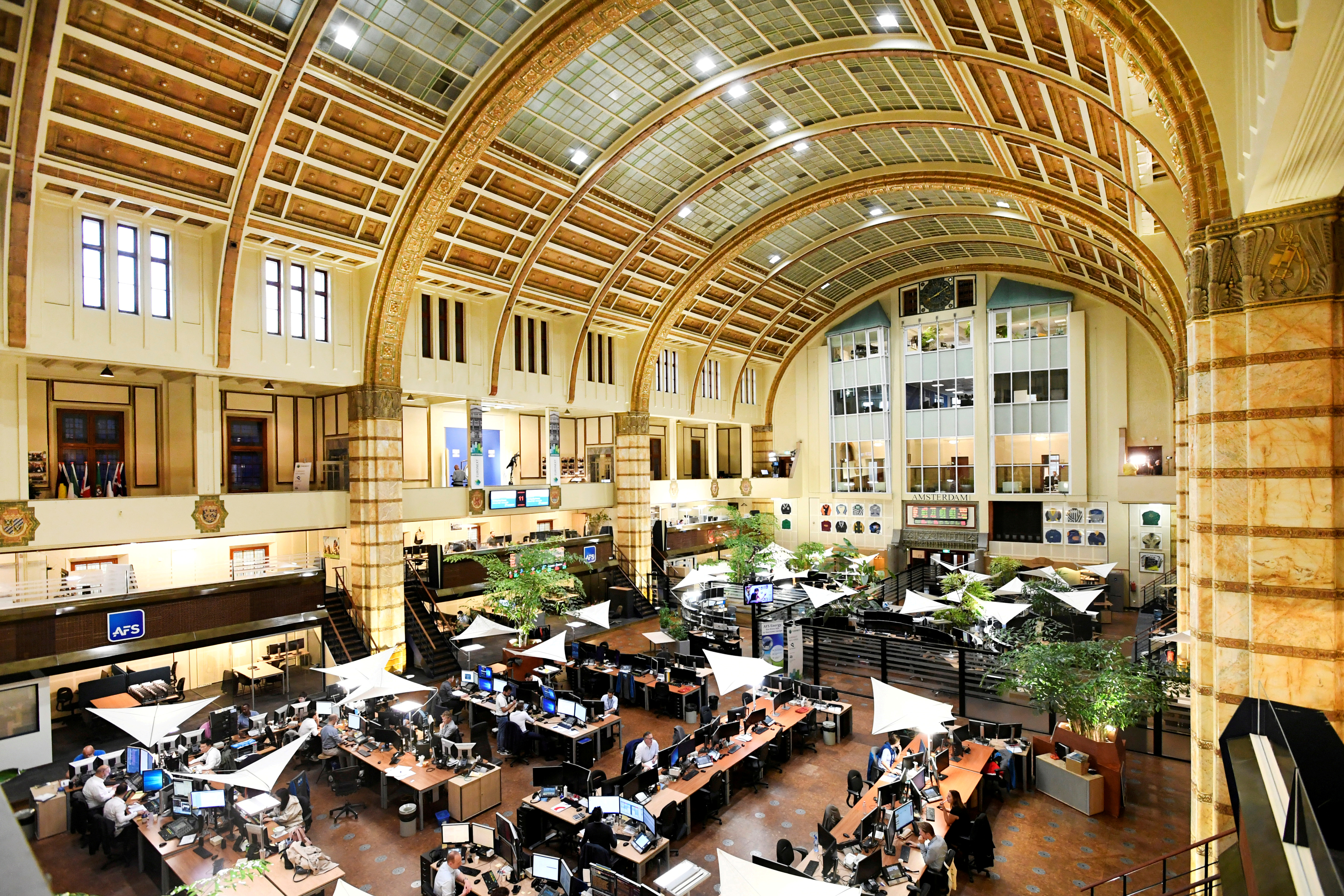 Overview of Amsterdam's stock exchange interior as Prosus begins trading on the Euronext stock exchange in Amsterdam