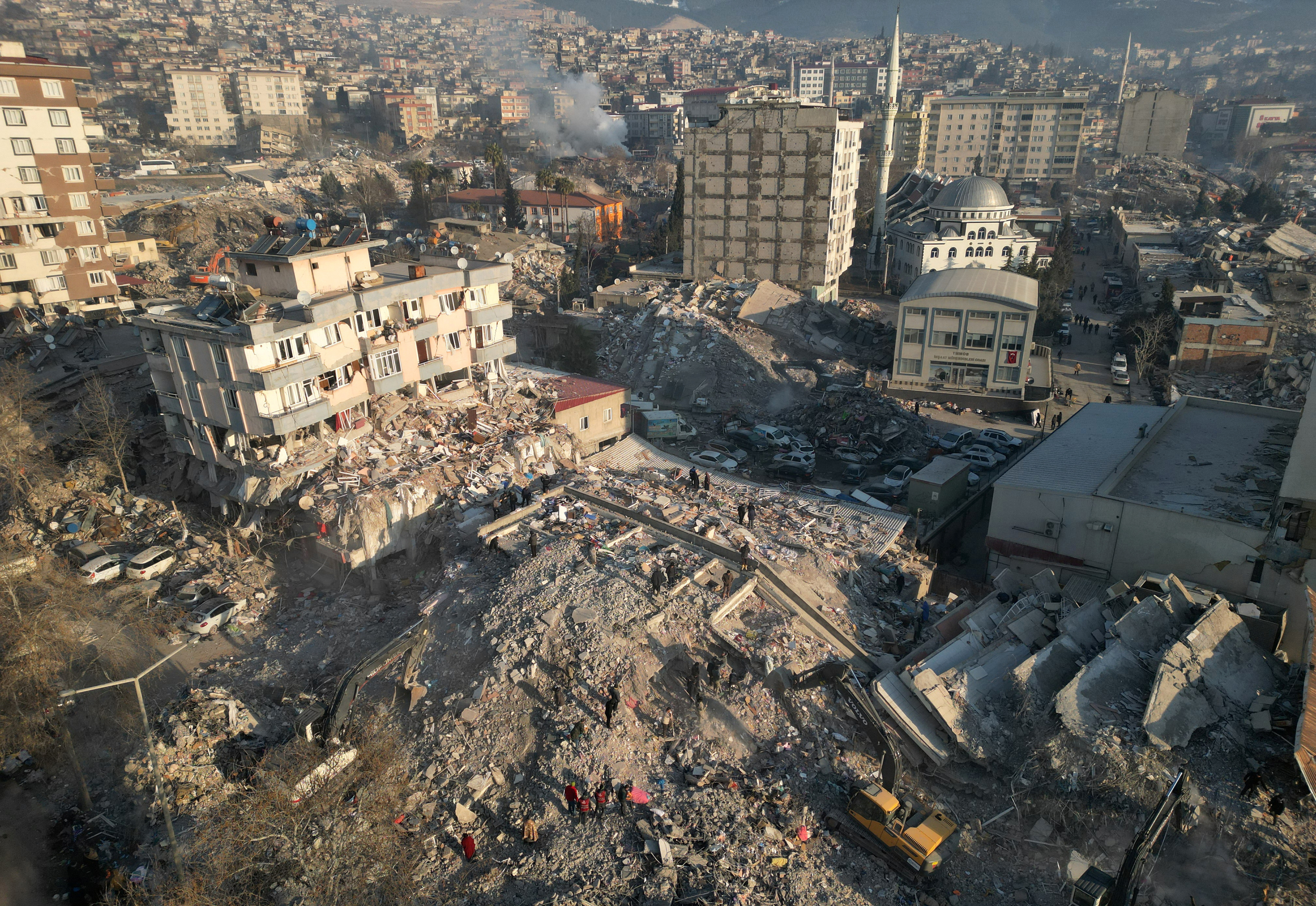 An aerial view shows collapsed buildings, in the aftermath of the deadly earthquake in Kahramanmaras