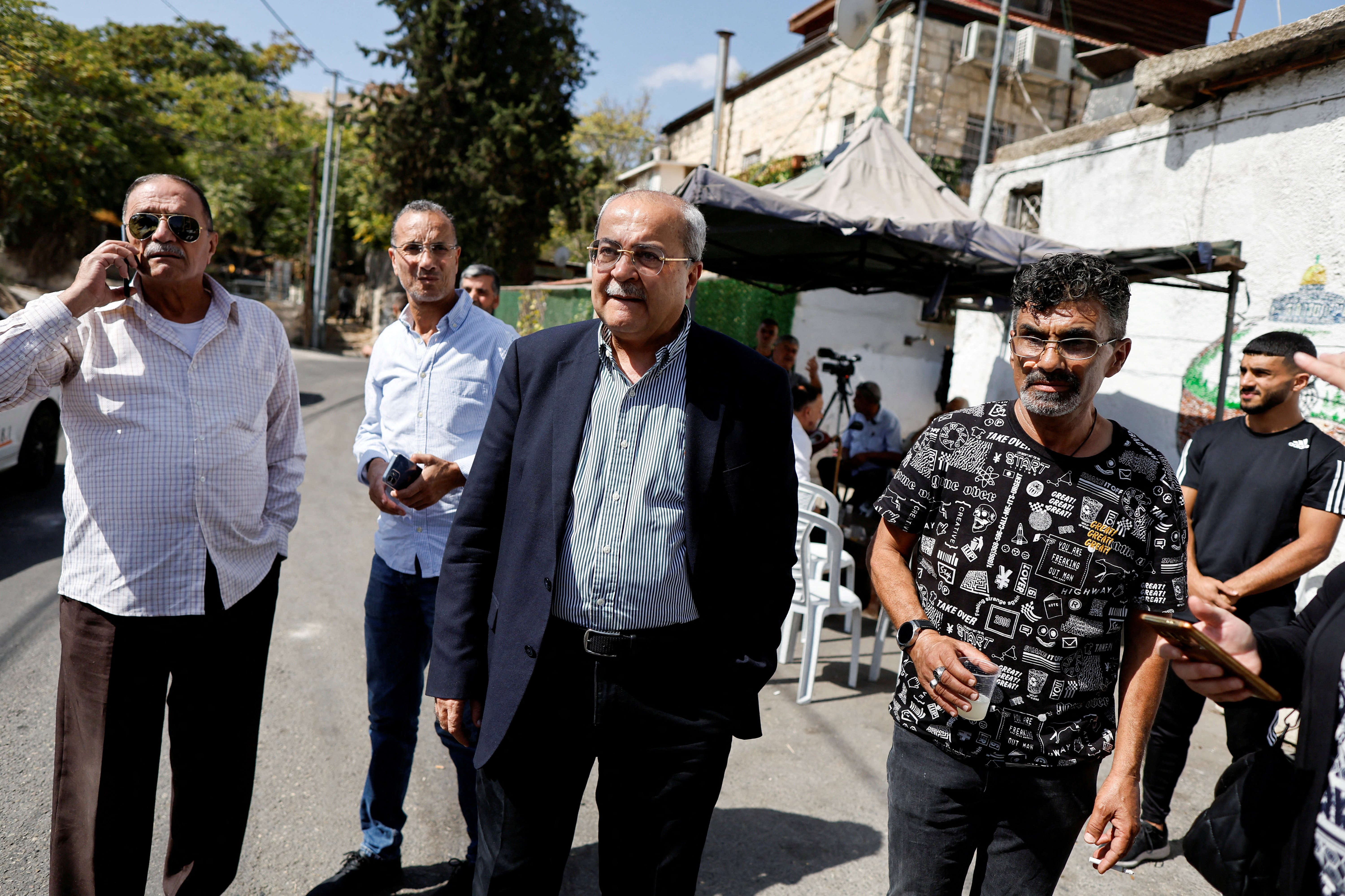 Arab politician Ahmad Tibi, head of the Ta'al party, visits residents of Jerusalem's Sheikh Jarrah neighbourhood