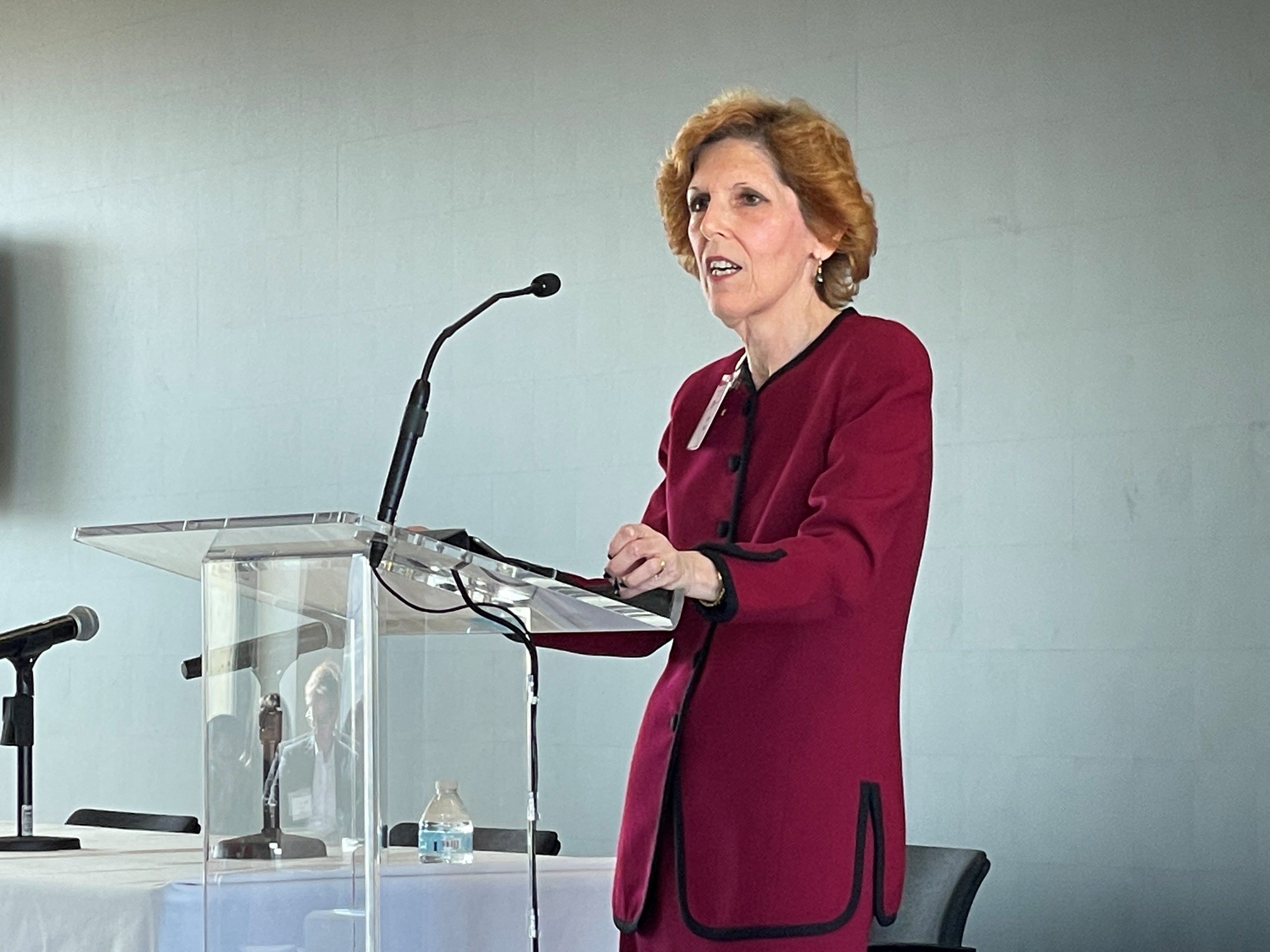 Loretta J. Mester speaks at a conference at Columbia University in New York
