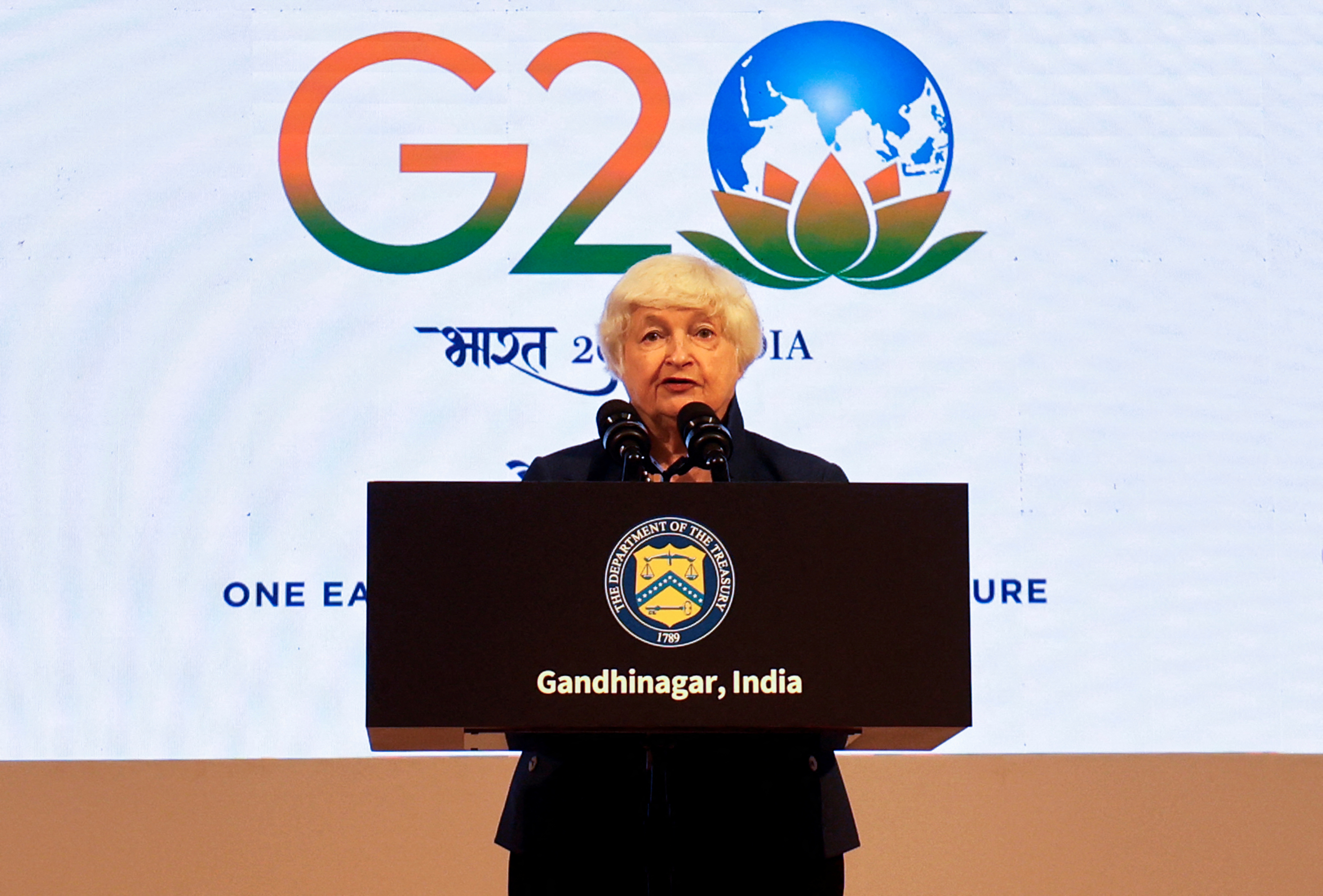 US Treasury Secretary Yellen addresses a news conference during a G20 finance ministers' and Central Bank governors' meeting at Gandhinagar