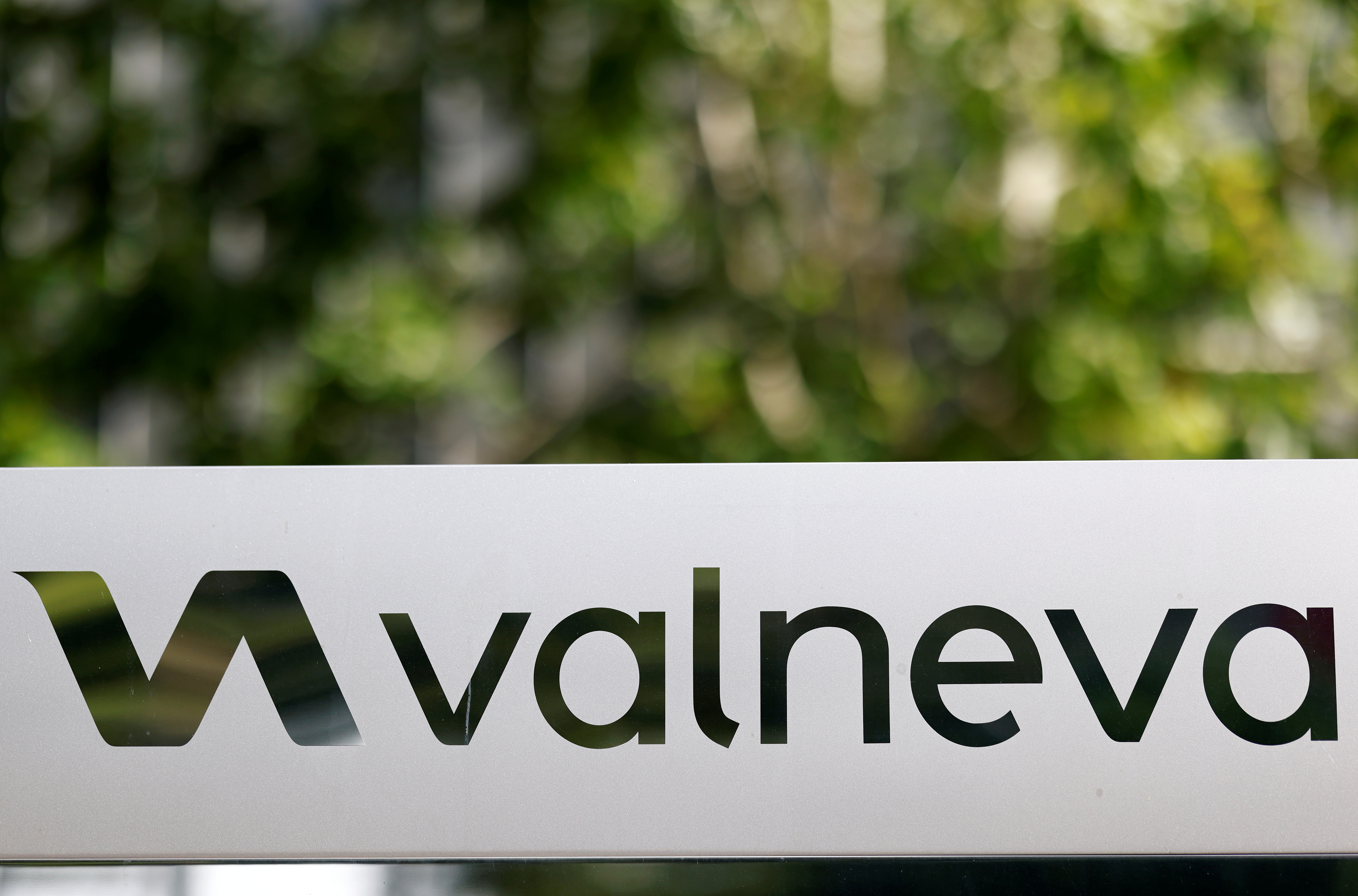 The logo of Valneva SE is pictured at the company's headquarters in Saint-Herblain, near Nantes, France, September 13, 2021. REUTERS/Stephane Mahe