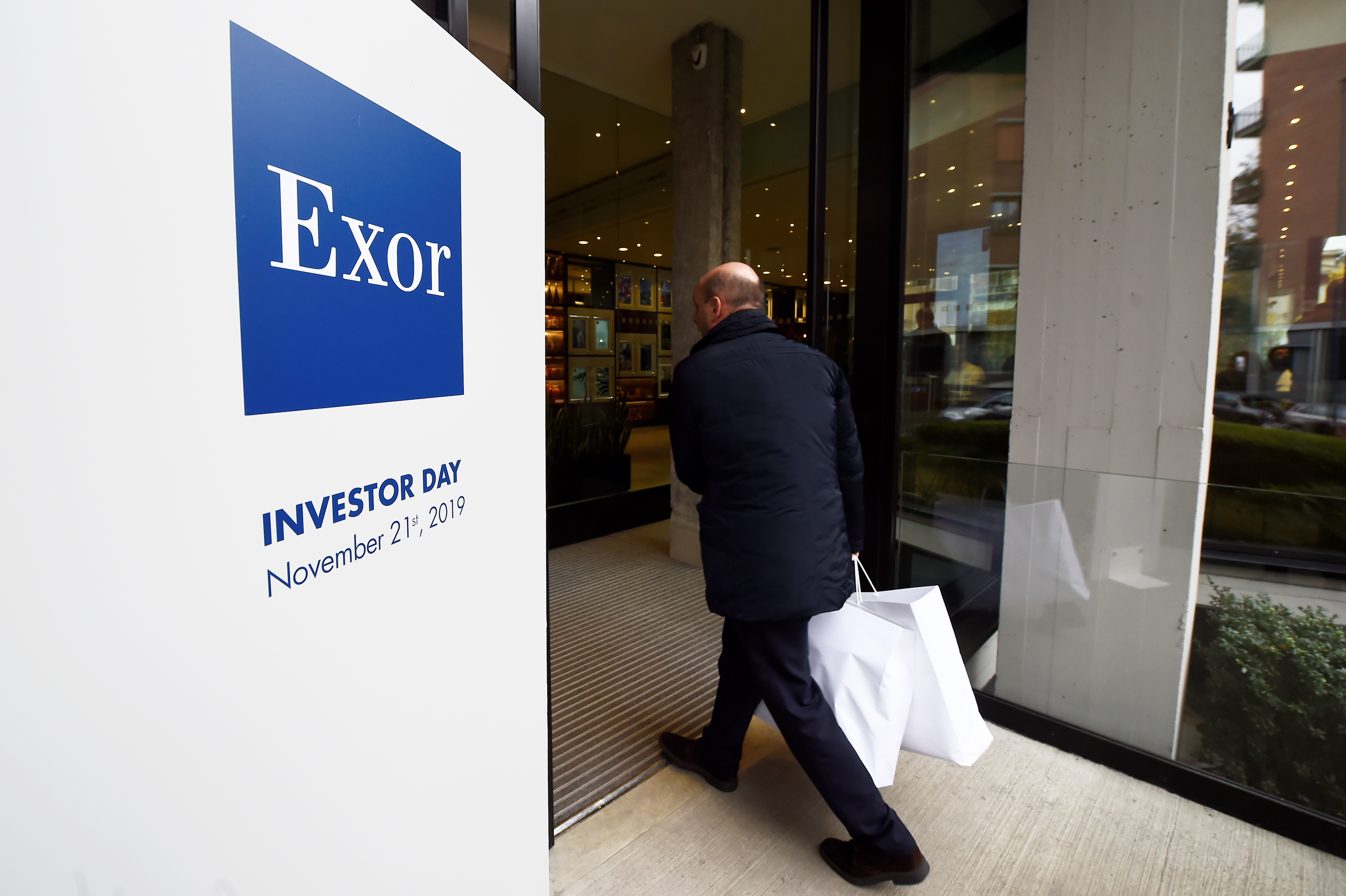 Exor logo is seen on investor day held by holding group in Turin