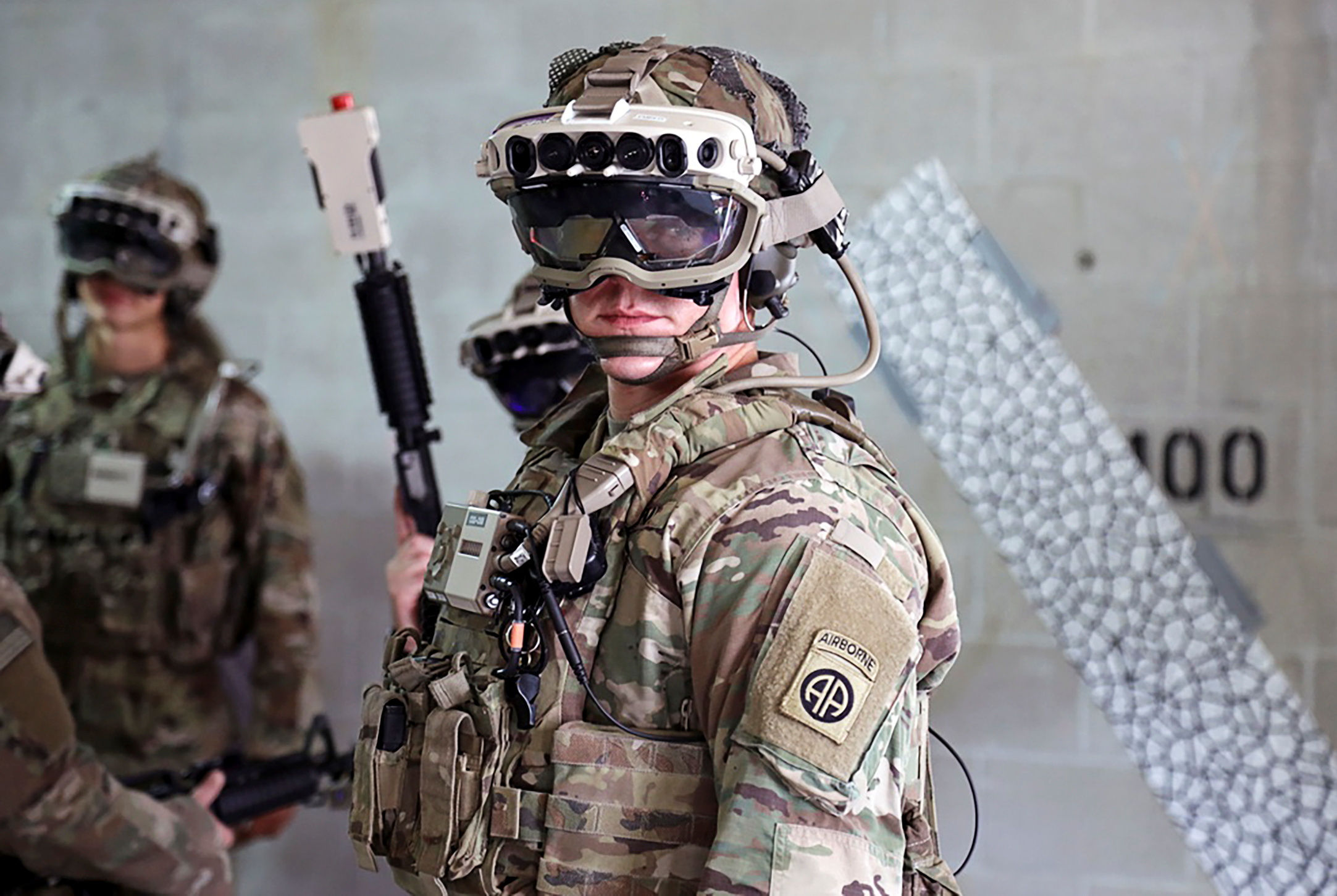 Soldiers don prototype of the Army’s augmented reality headsets during training at Fort Pickett, Virginia