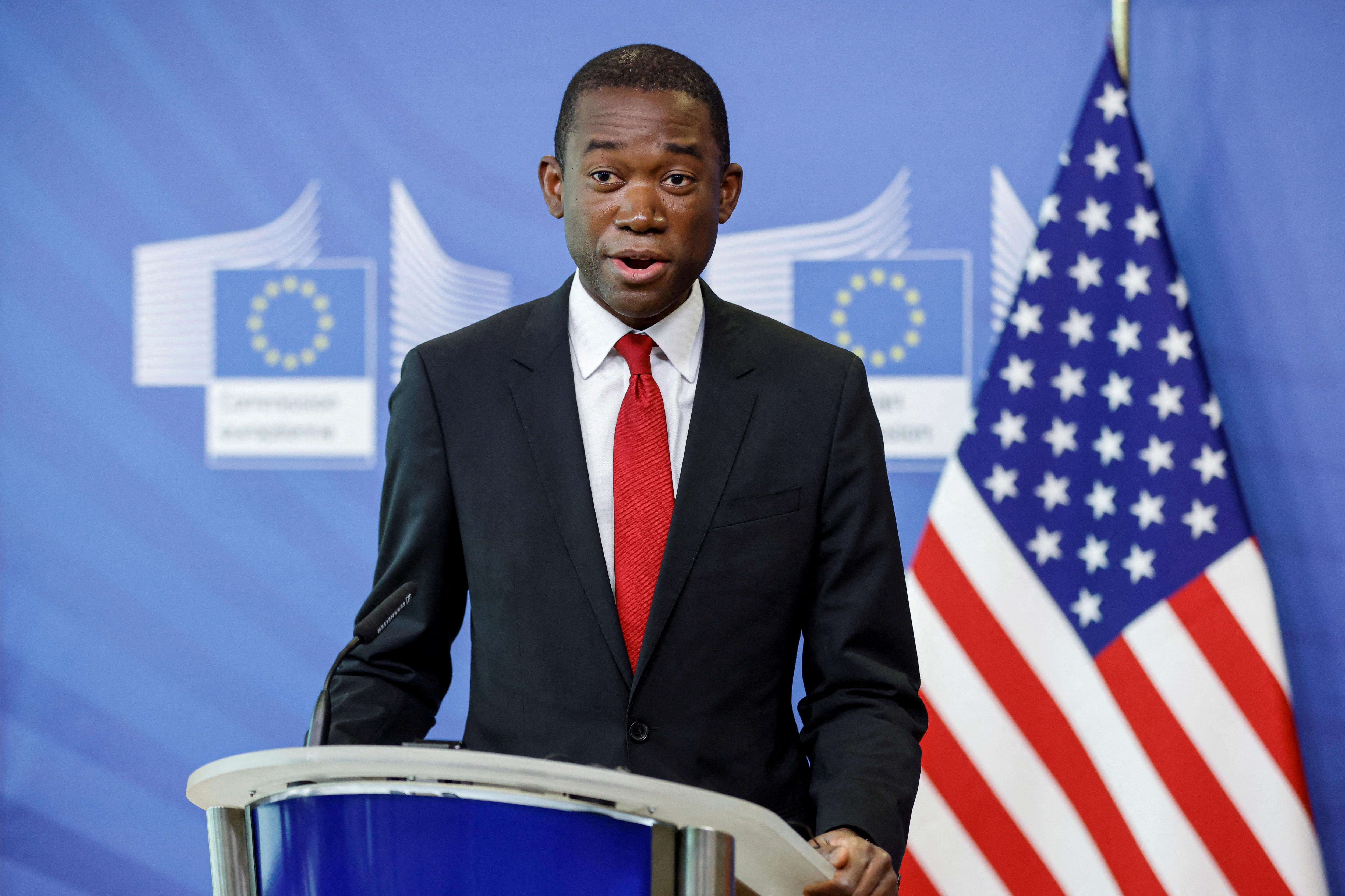 EU Commissioner McGuinness and U.S. Deputy Secretary of the Treasury Adeyemo give a joint news conference, in Brussels