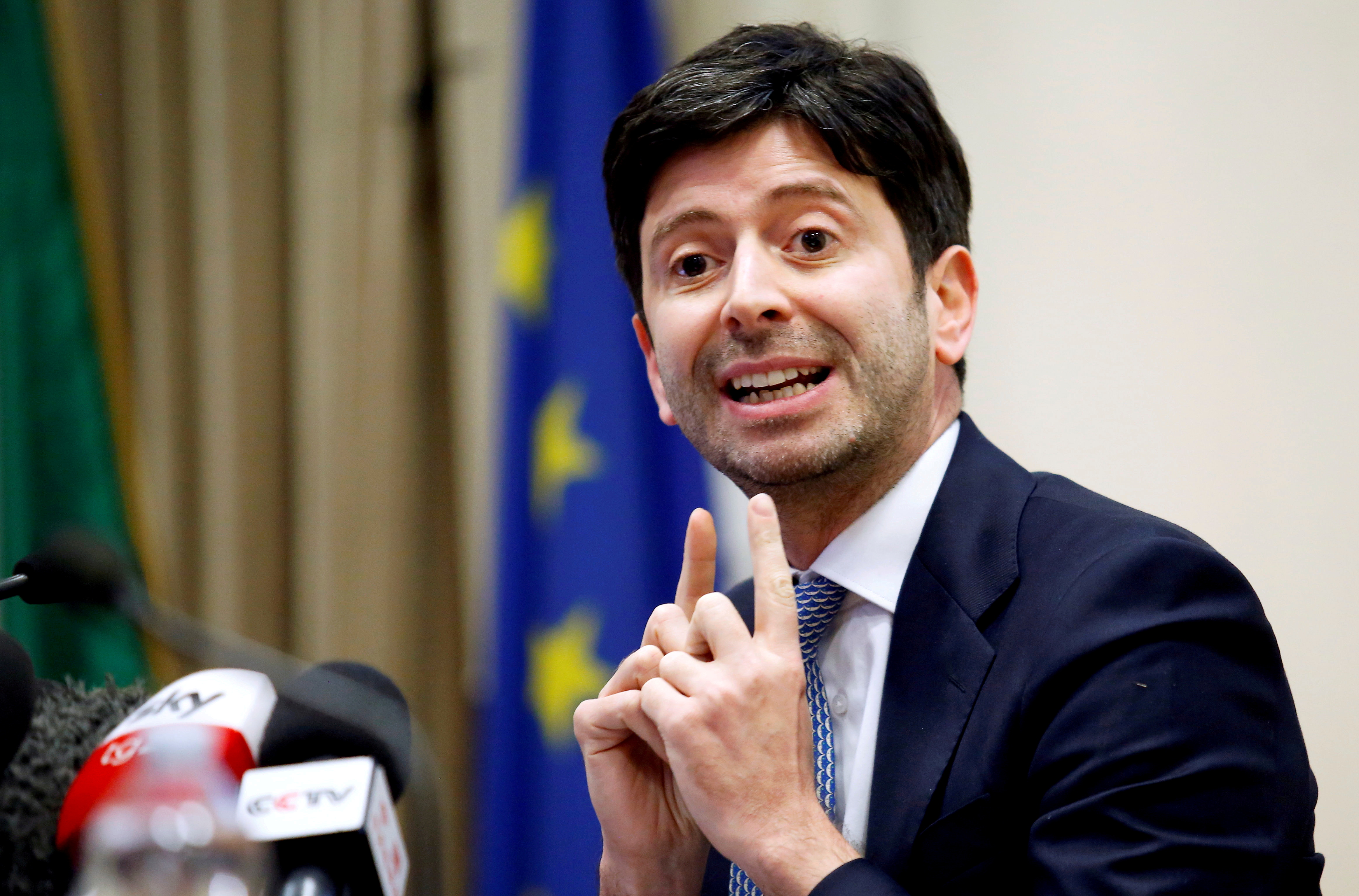 Italian Health Minister Roberto Speranza speaks to reporters in Rome