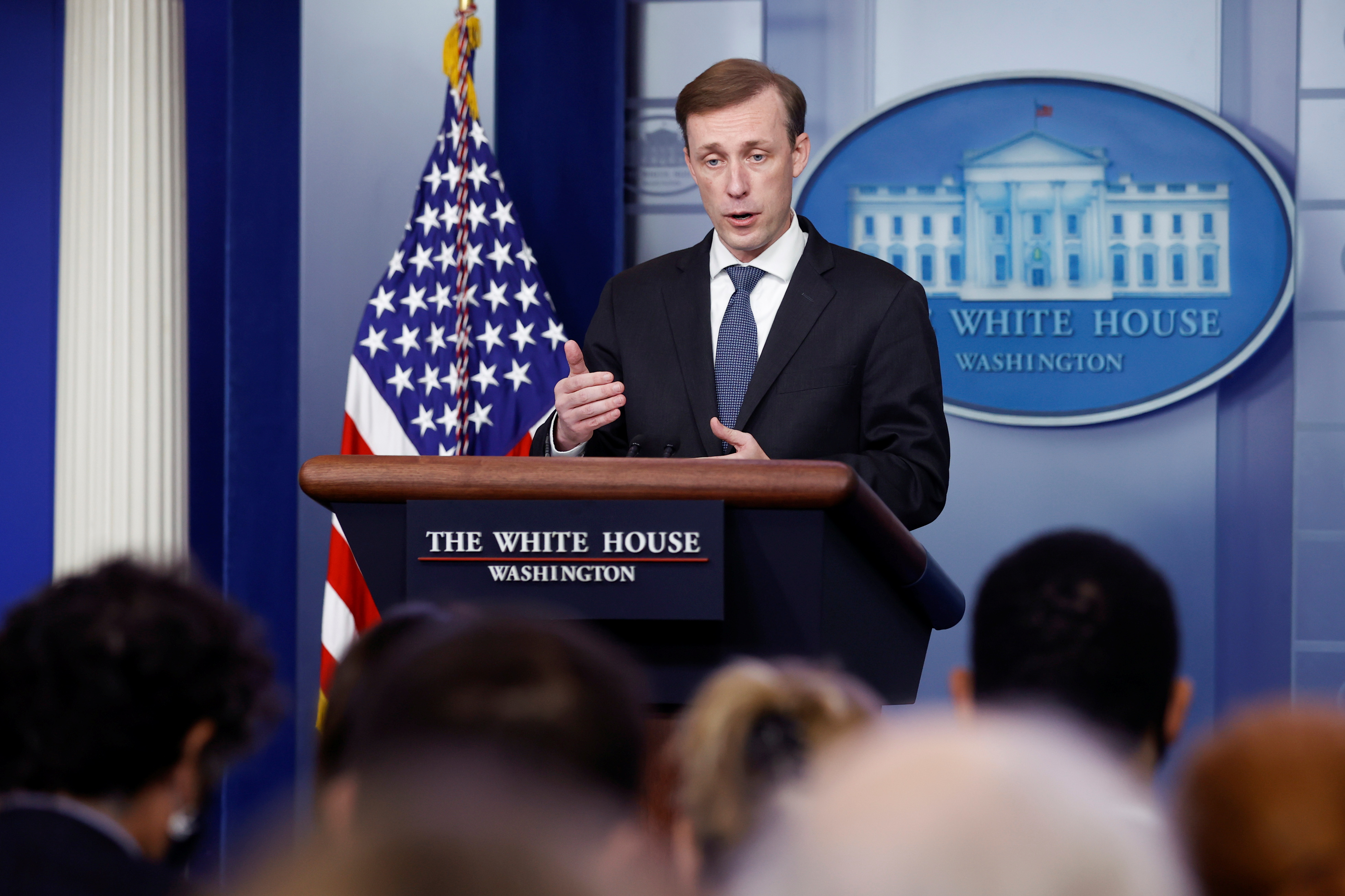 White House National Security Advisor Sullivan addresses the daily press briefing at the White House in Washington