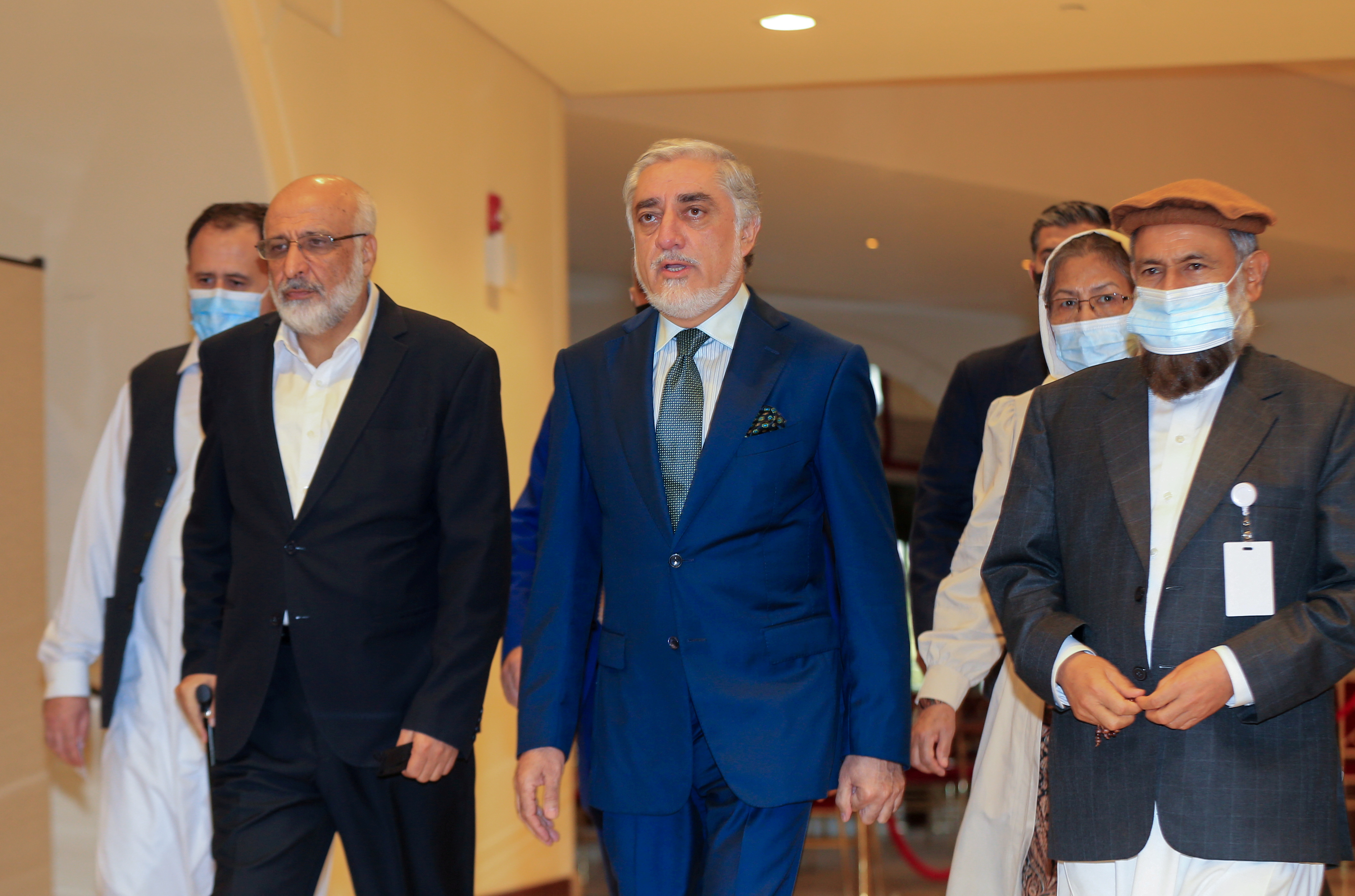 Abdullah Abdullah, the Chairman of Afghanistan's High Council for National Reconciliation, arrives for Afghan peace talks in Doha