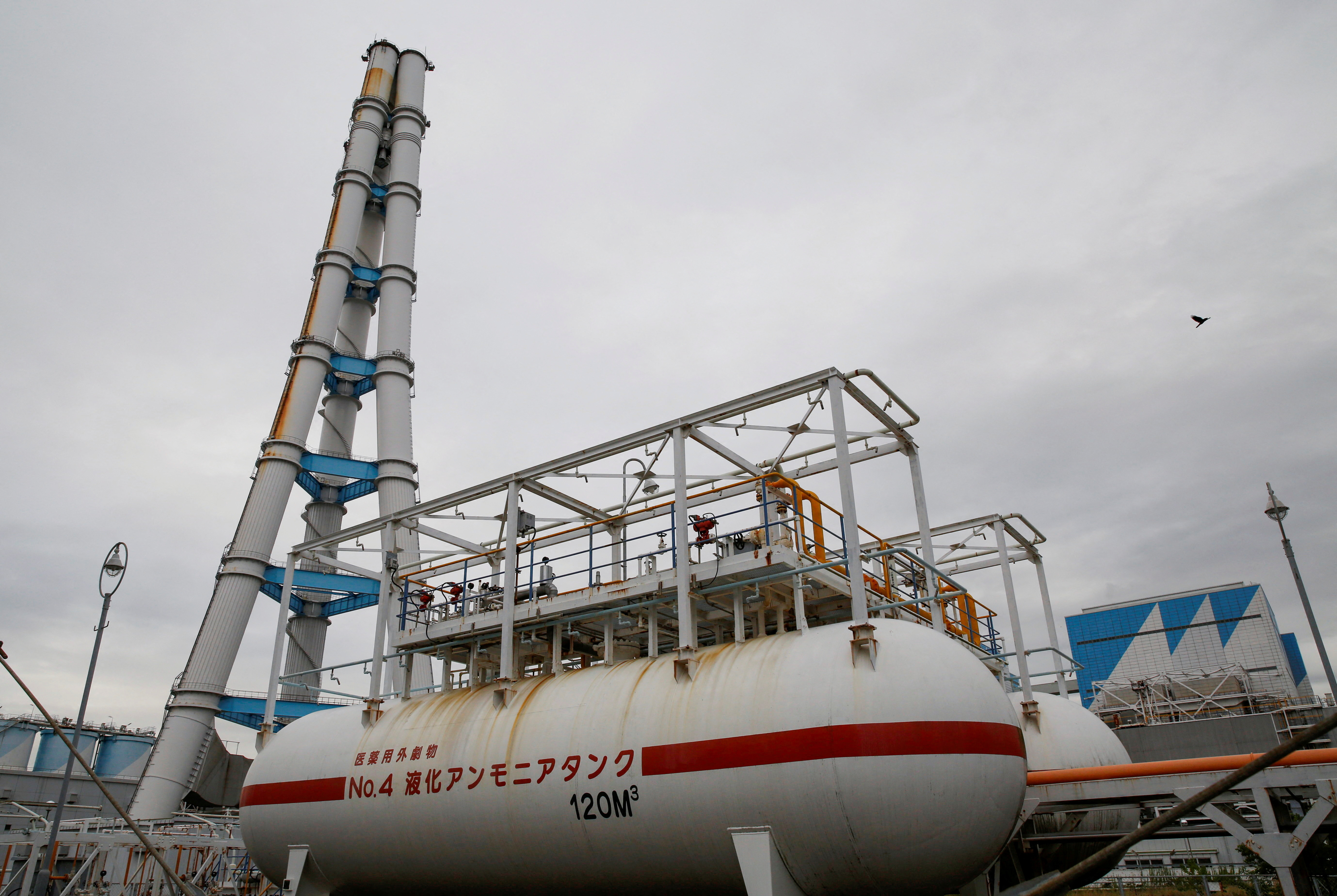 General view shows ammonia tank at JERA's Hekinan thermal power station in Hekinan, central Japan