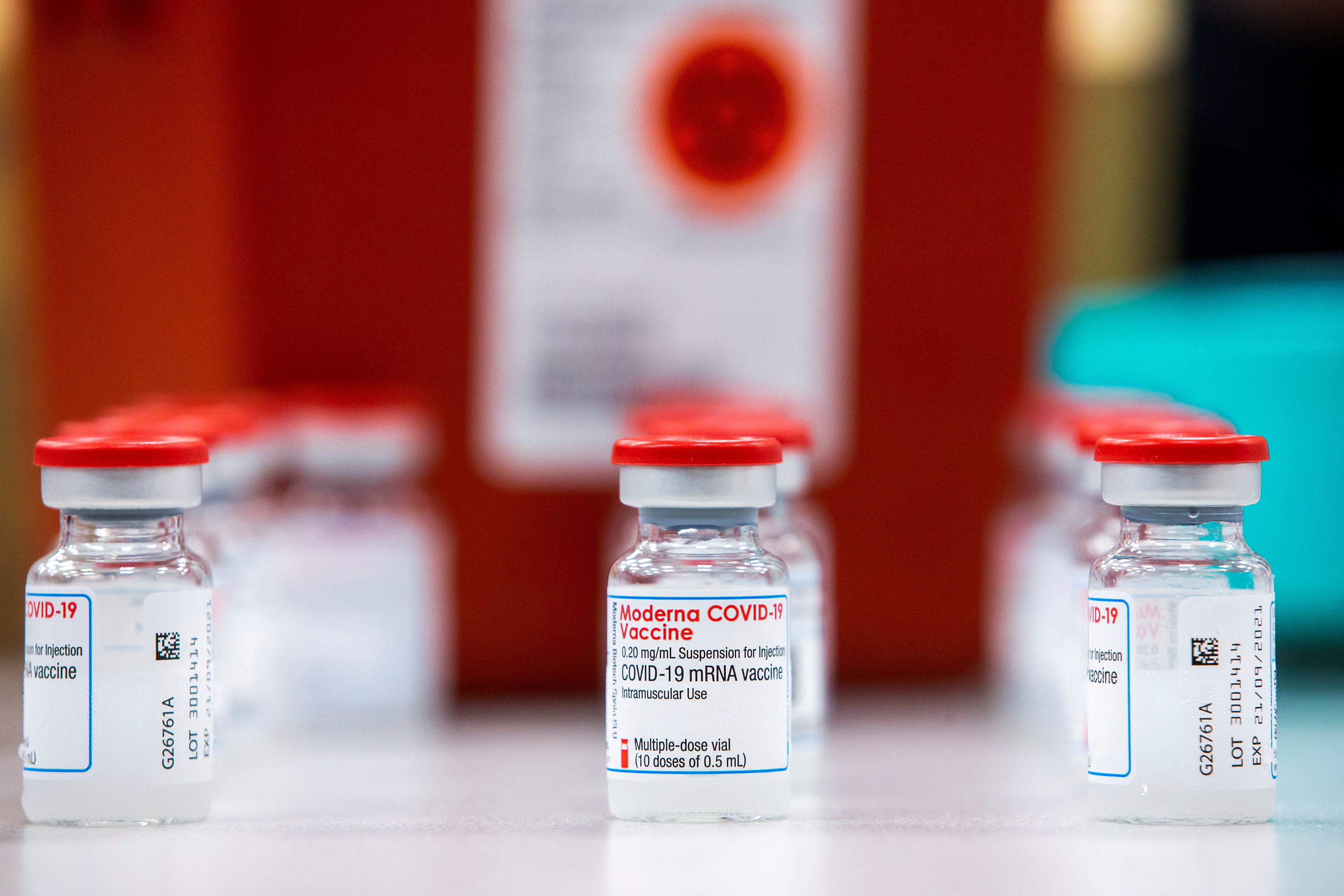 Vials of the Moderna COVID-19 vaccine are seen at Apotex pharmaceutical company in Toronto