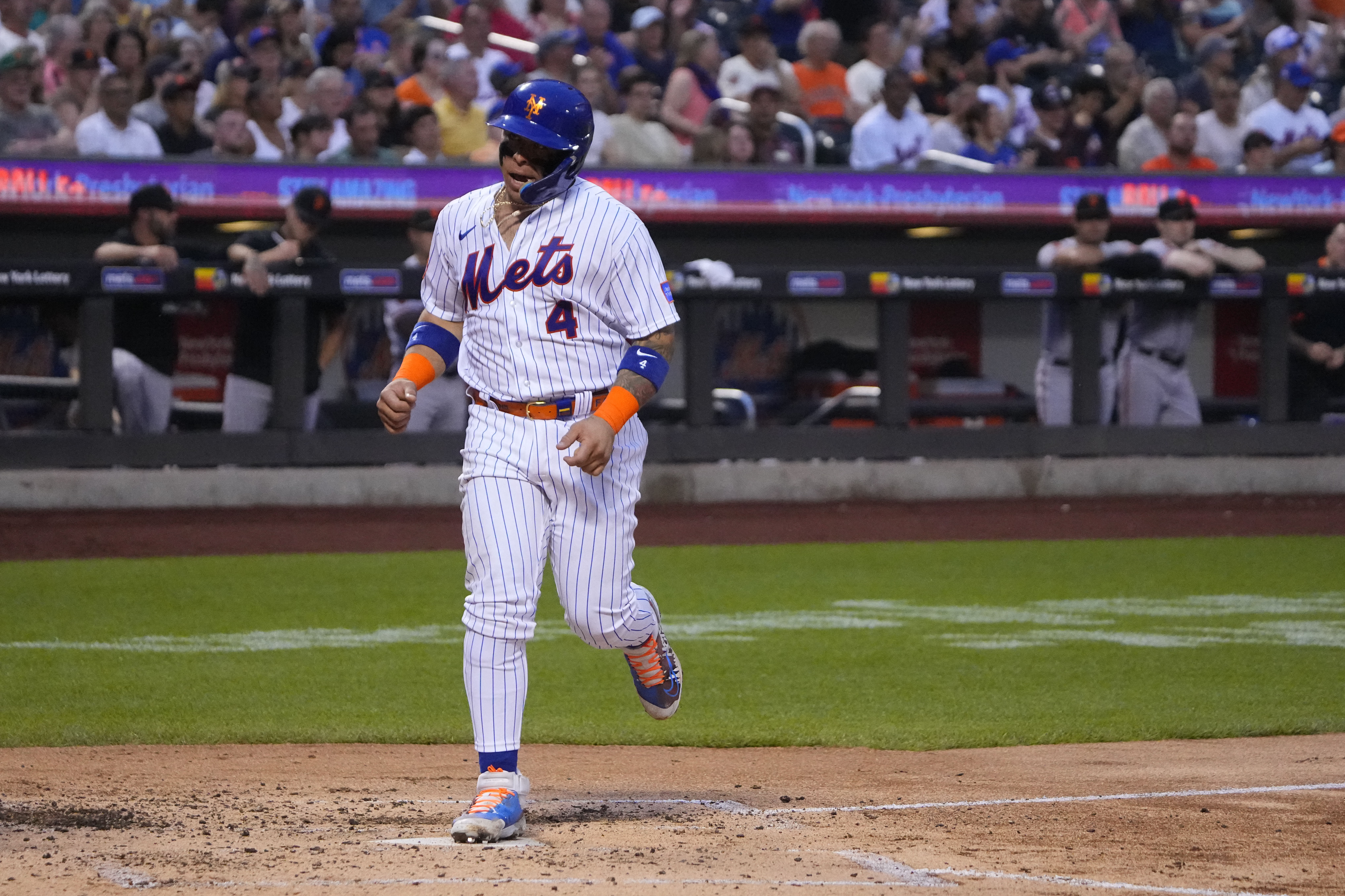 San Francisco, USA. April 22 2023 San Francisco CA, U.S.A. New York second  baseman Jeff McNeil (1) makes an infield play during the MLB game between  the New York Mets and the