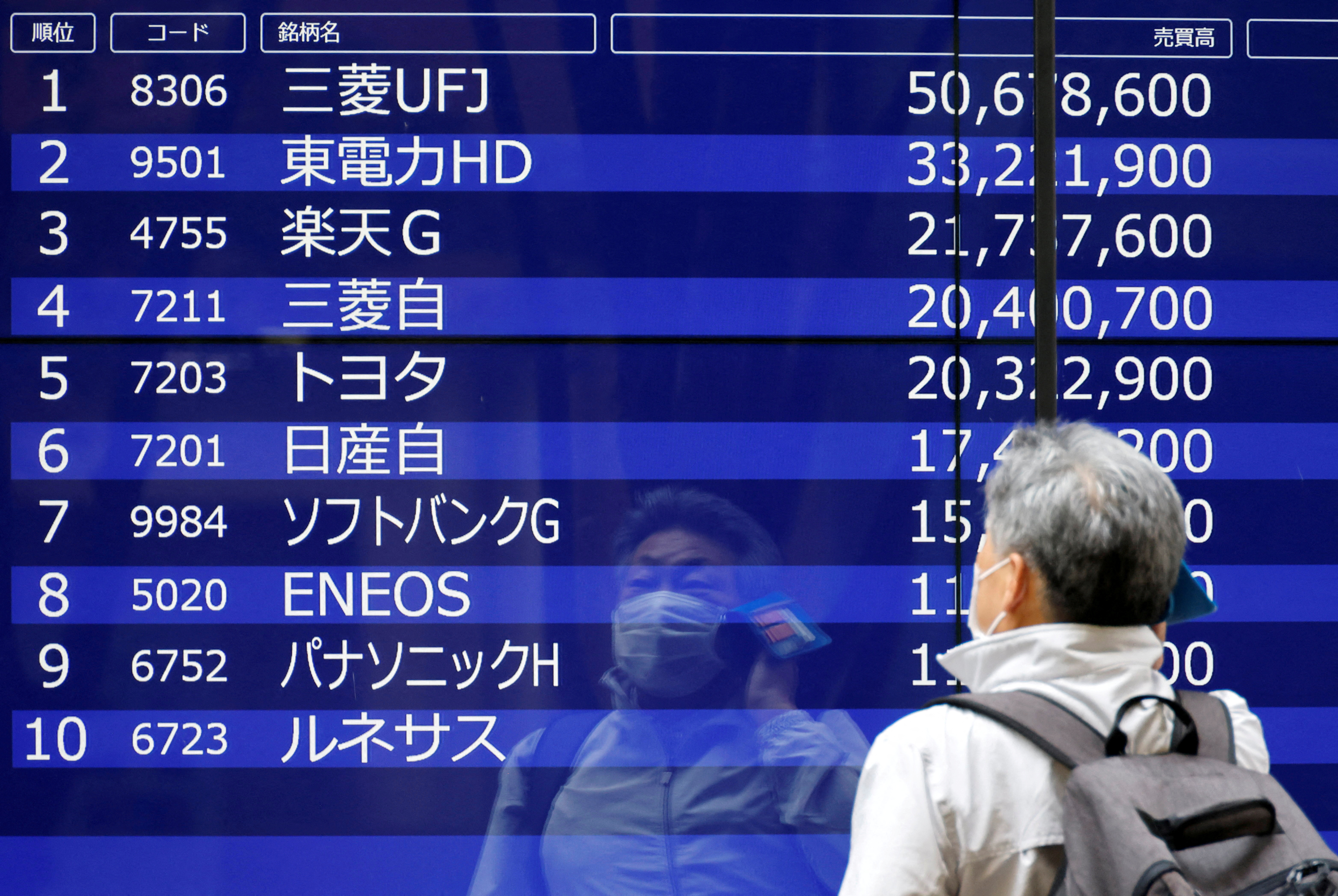 A man is reflected on an electric monitor displaying a stock quotation board outside a bank in Tokyo