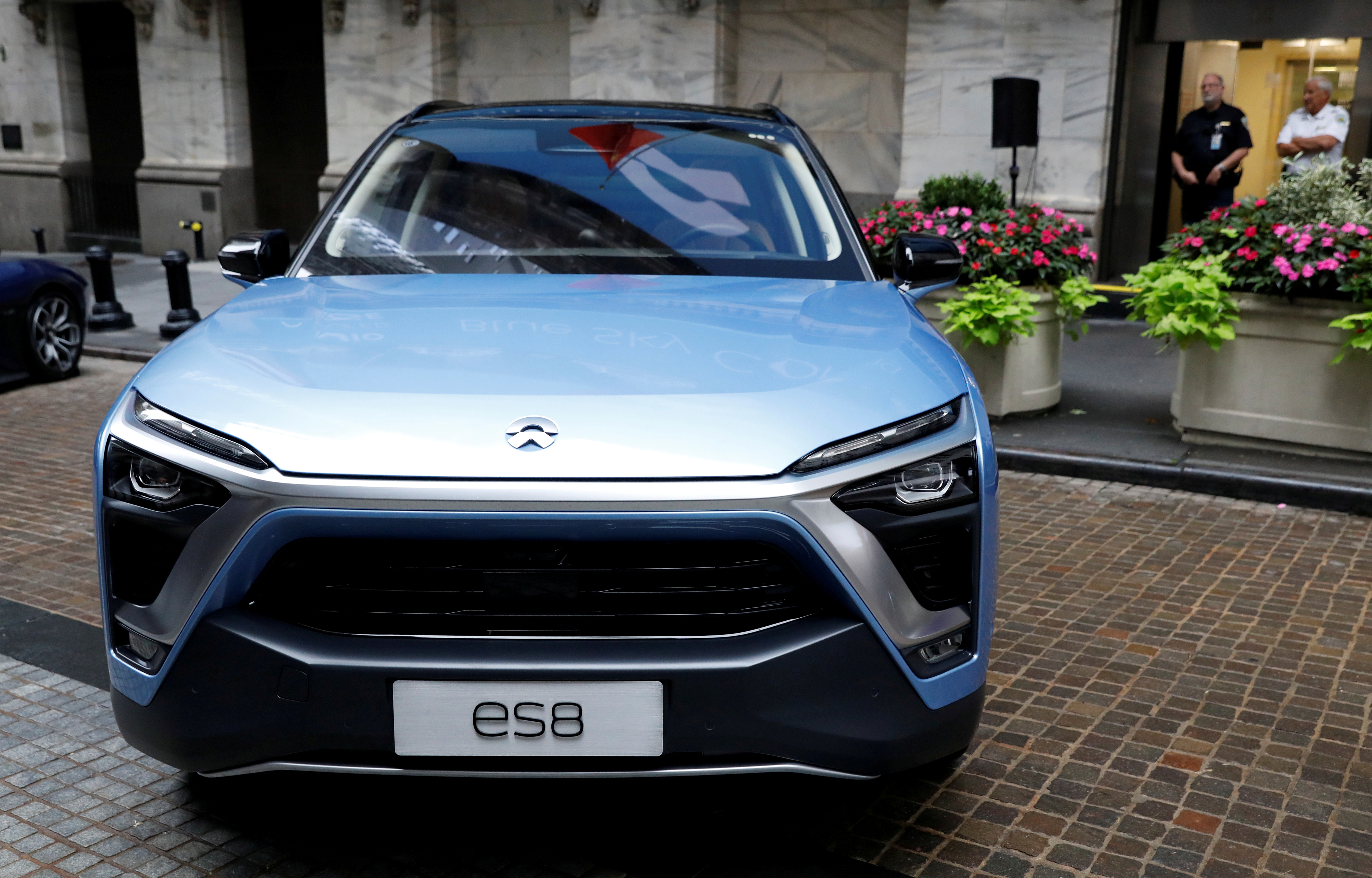 Chinese electric vehicle start-up Nio Inc. vehicles are on display in front of the NYSE to celebrate the company’s IPO in New York