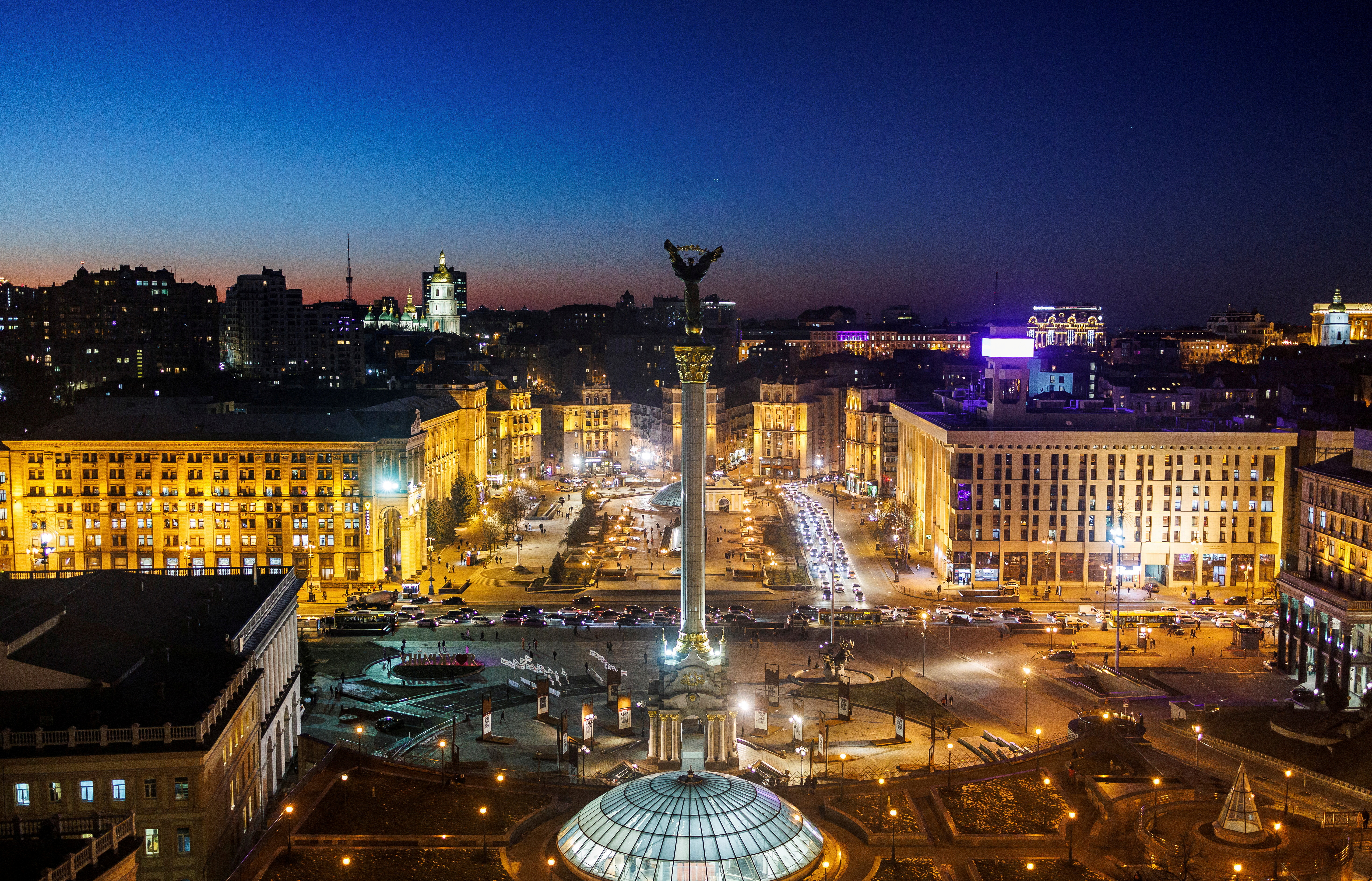 Independence Monument is seen during the sunset in Kyiv