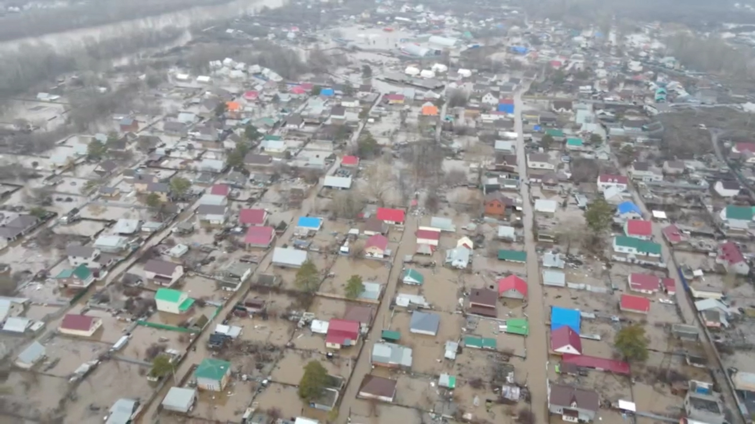 An aerial view shows flooded area in Orenburg
