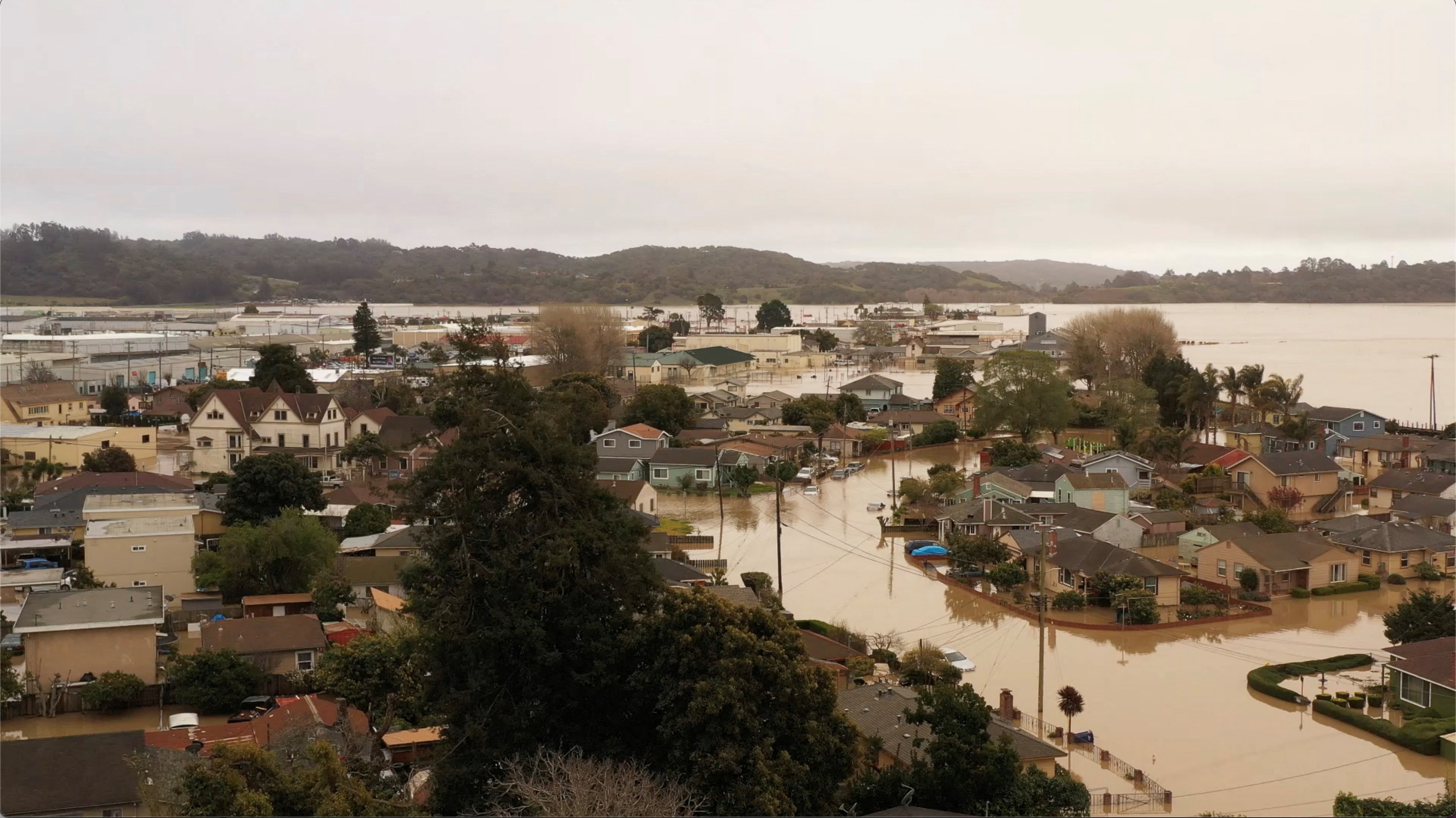 General view shows flooded streets in Pajaro, California