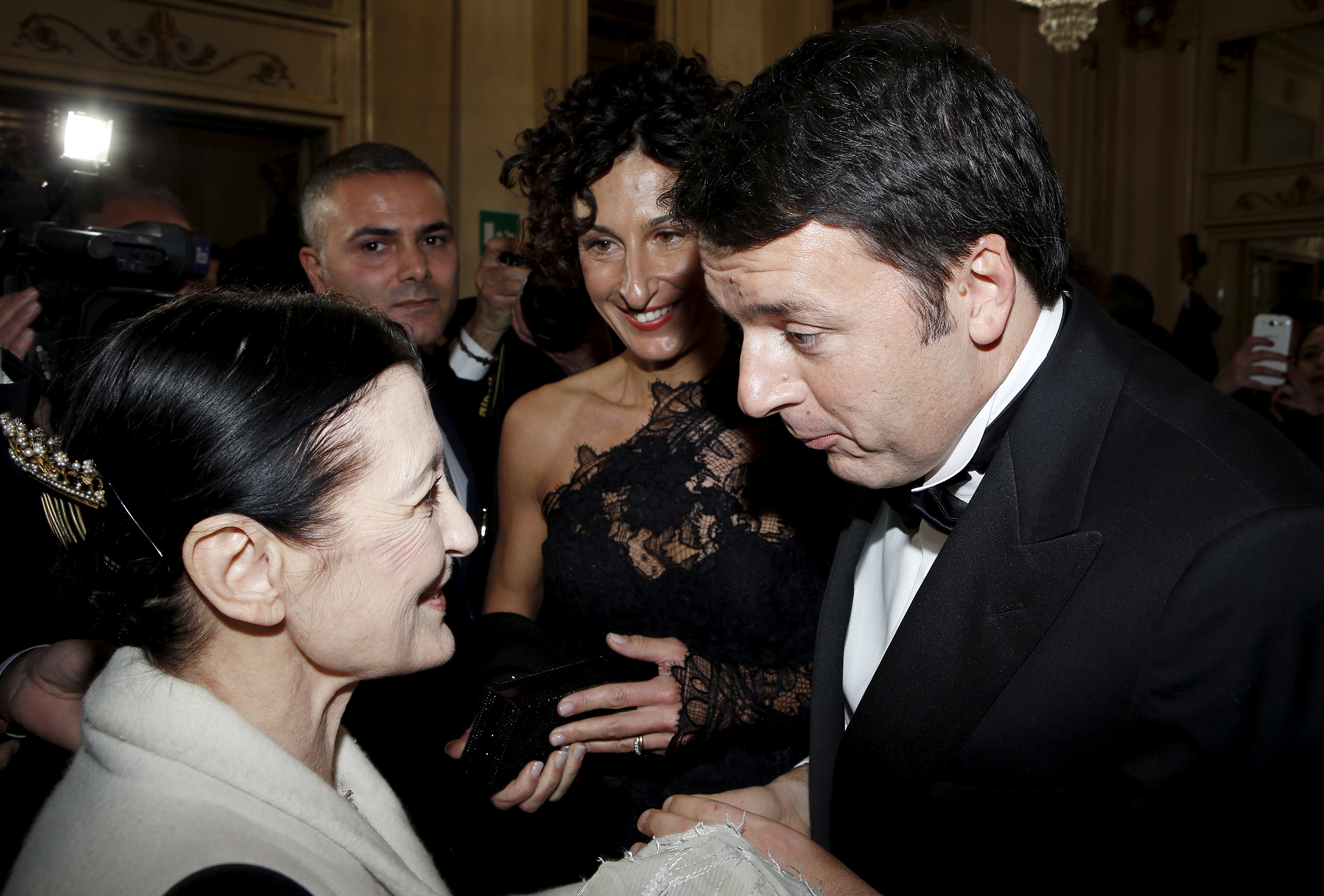 Italian PM Renzi and his wife Agense meets International classic dancer Fracci at the end of the Verdi's Joan of Arc at Milan's La Scala opera house