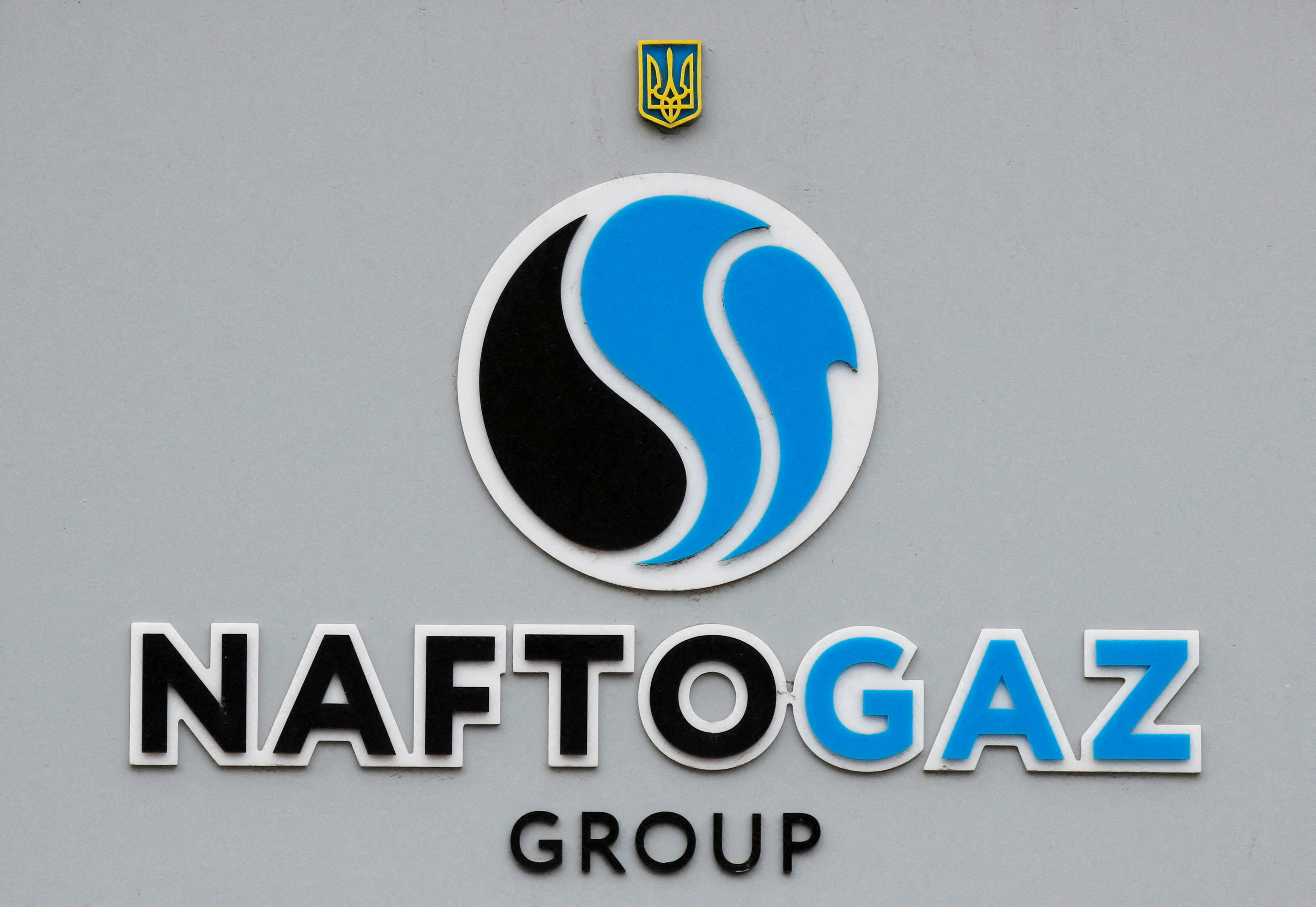 The logo of Ukrainian state energy company Naftogaz is seen outside the company's headquarters in central Kyiv, Ukraine