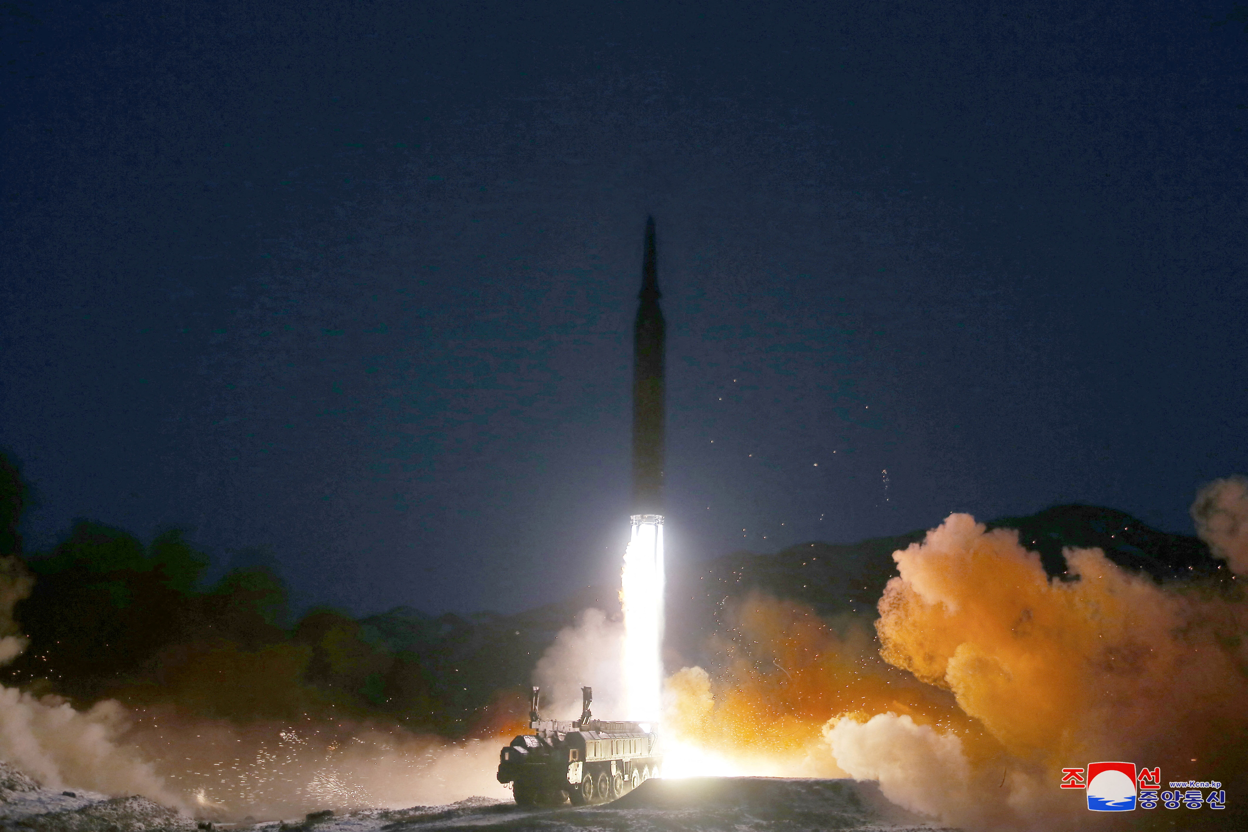 A missile is launched during what state media report is a hypersonic missile test at an undisclosed location in North Korea, January 11, 2022, in this photo released January 12, 2022 by North Korea's Korean Central News Agency (KCNA).  KCNA via REUTERS    