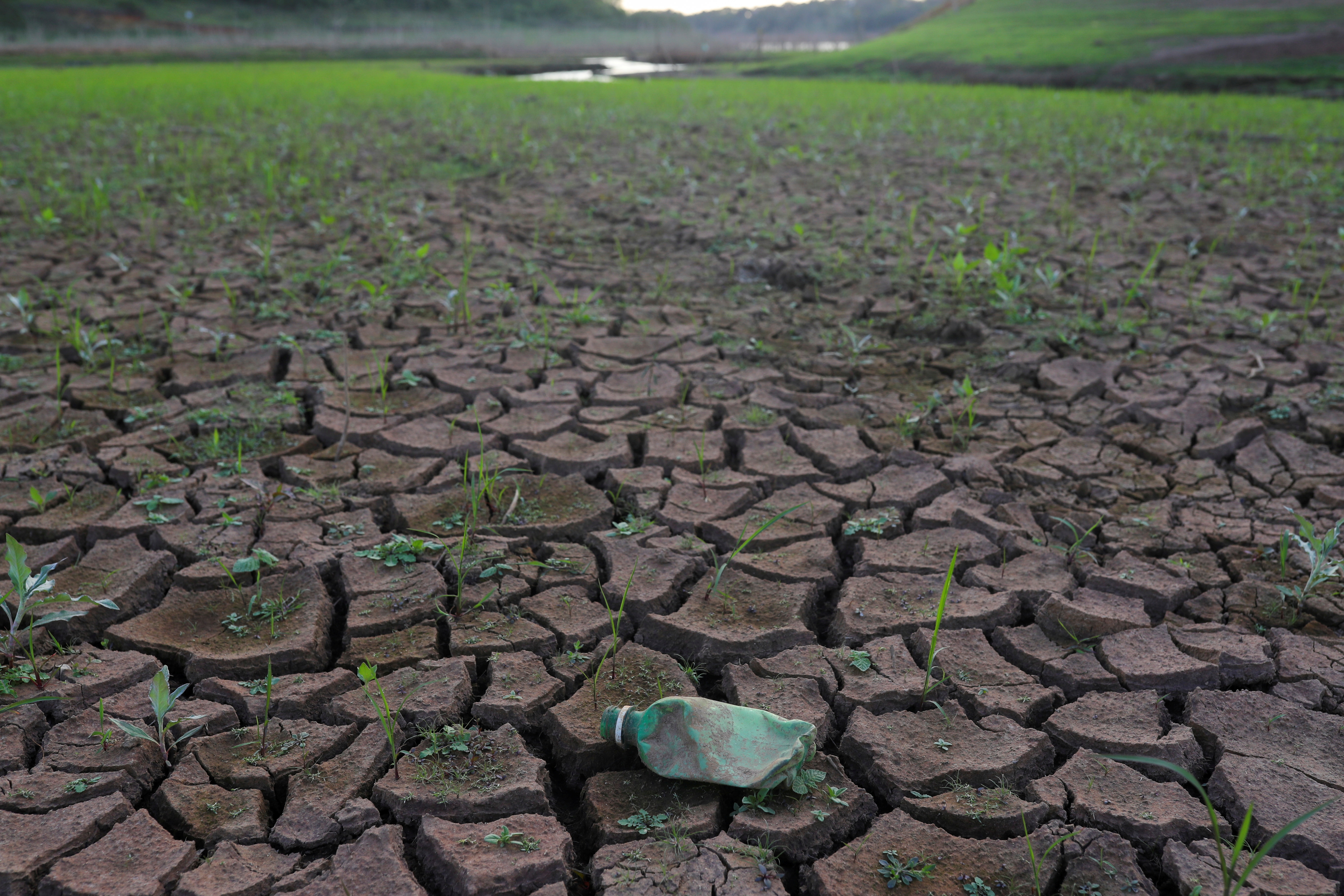 A crushed bottle is seen on the dry ground of the Jaguari dam, which is part of the Cantareira reservoir system, during a drought in Joanopolis, near Sao Paulo, Brazil, October 8, 2021. REUTERS/Amanda Perobelli/File Photo