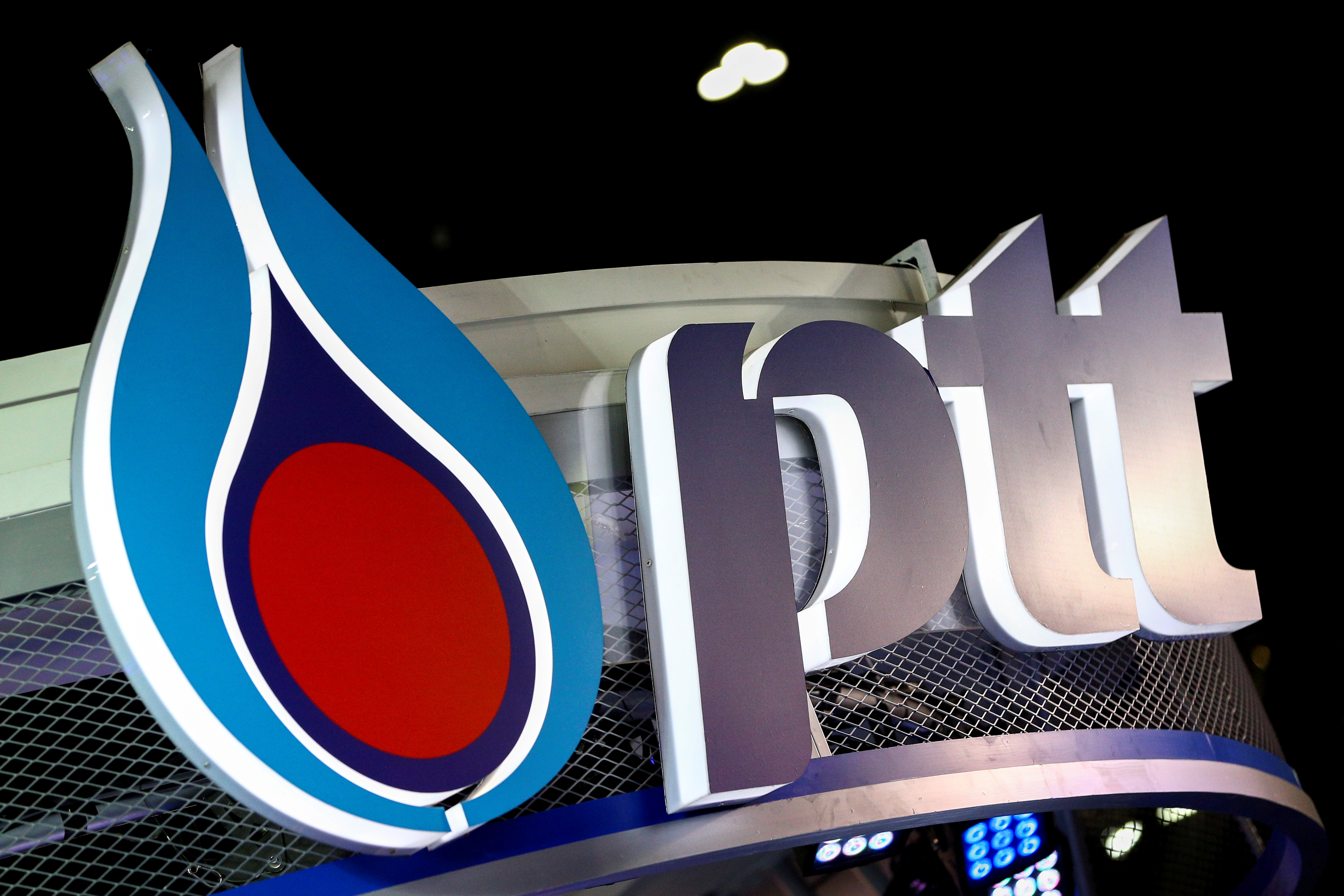The logo of PTT is pictured at the 38th Bangkok International Motor Show in Bangkok
