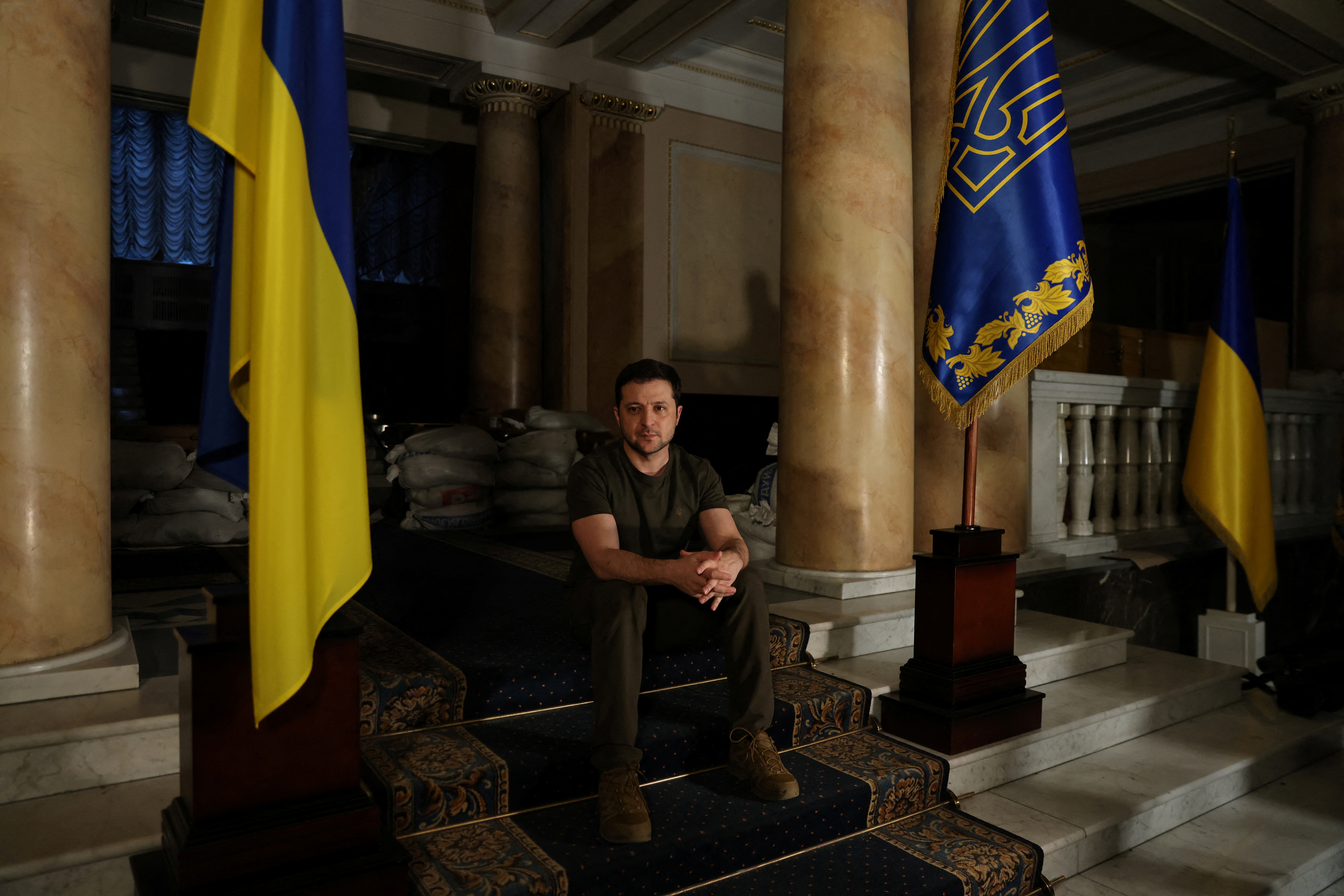 Ukrainian President Volodymyr Zelenskiy poses after an interview with Reuters in Kyiv