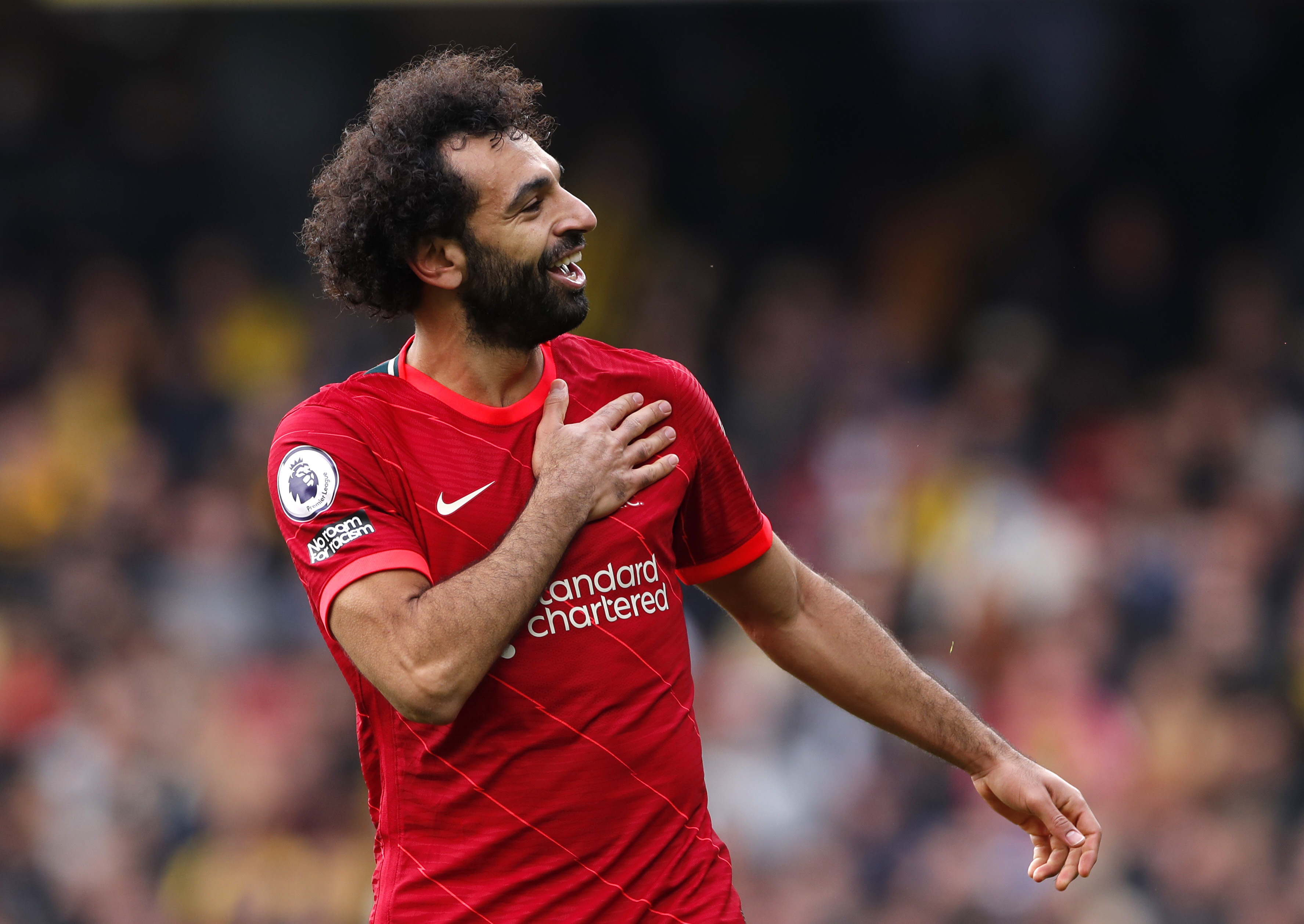 Soccer Football - Premier League - Watford v Liverpool - Vicarage Road, Watford, Britain - October 16, 2021 Liverpool's Mohamed Salah celebrates scoring their fourth goal Action Images via Reuters/Andrew Couldridge 