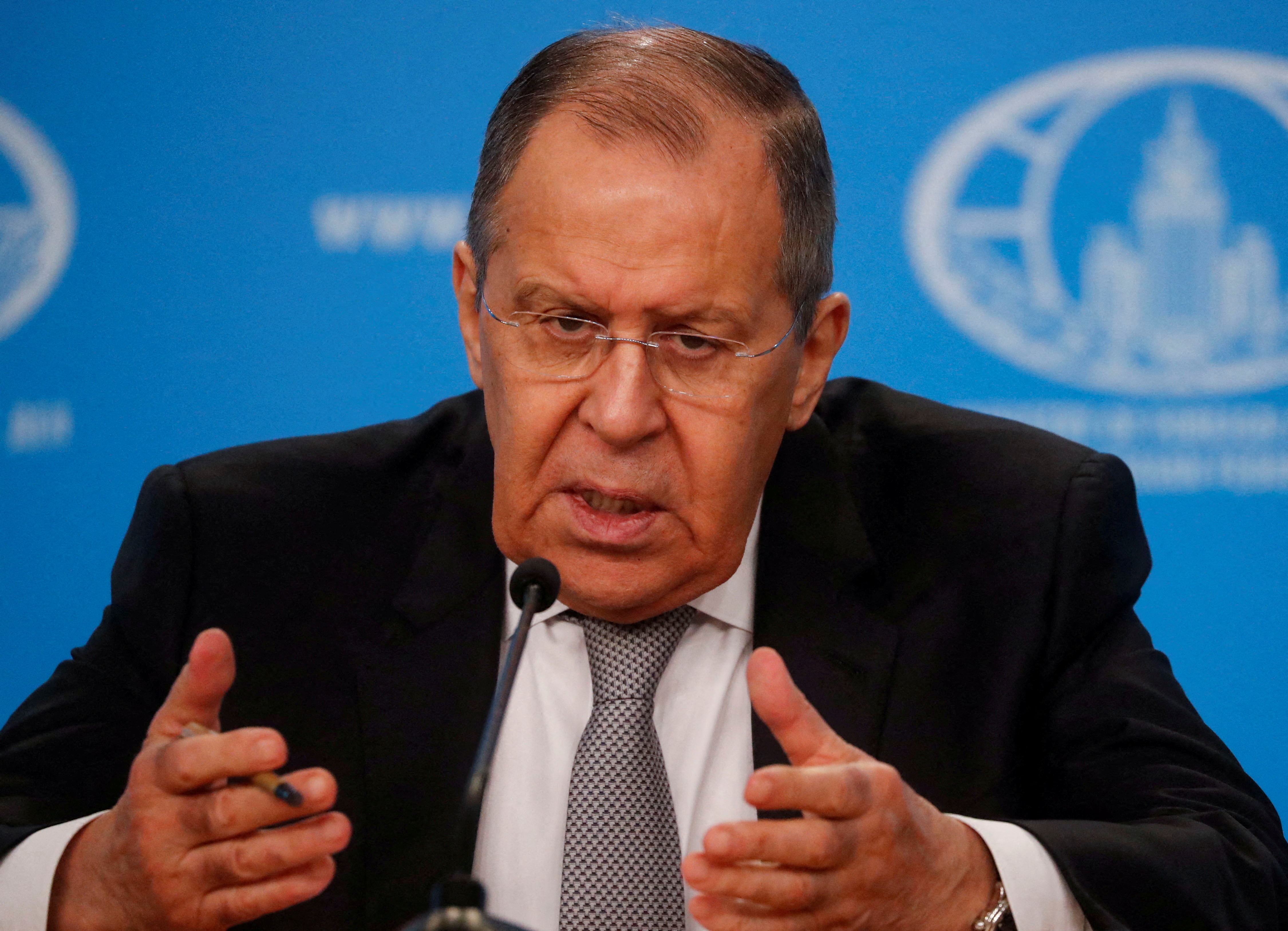 Russian Foreign Minister Sergei Lavrov speaks during his annual news conference in Moscow