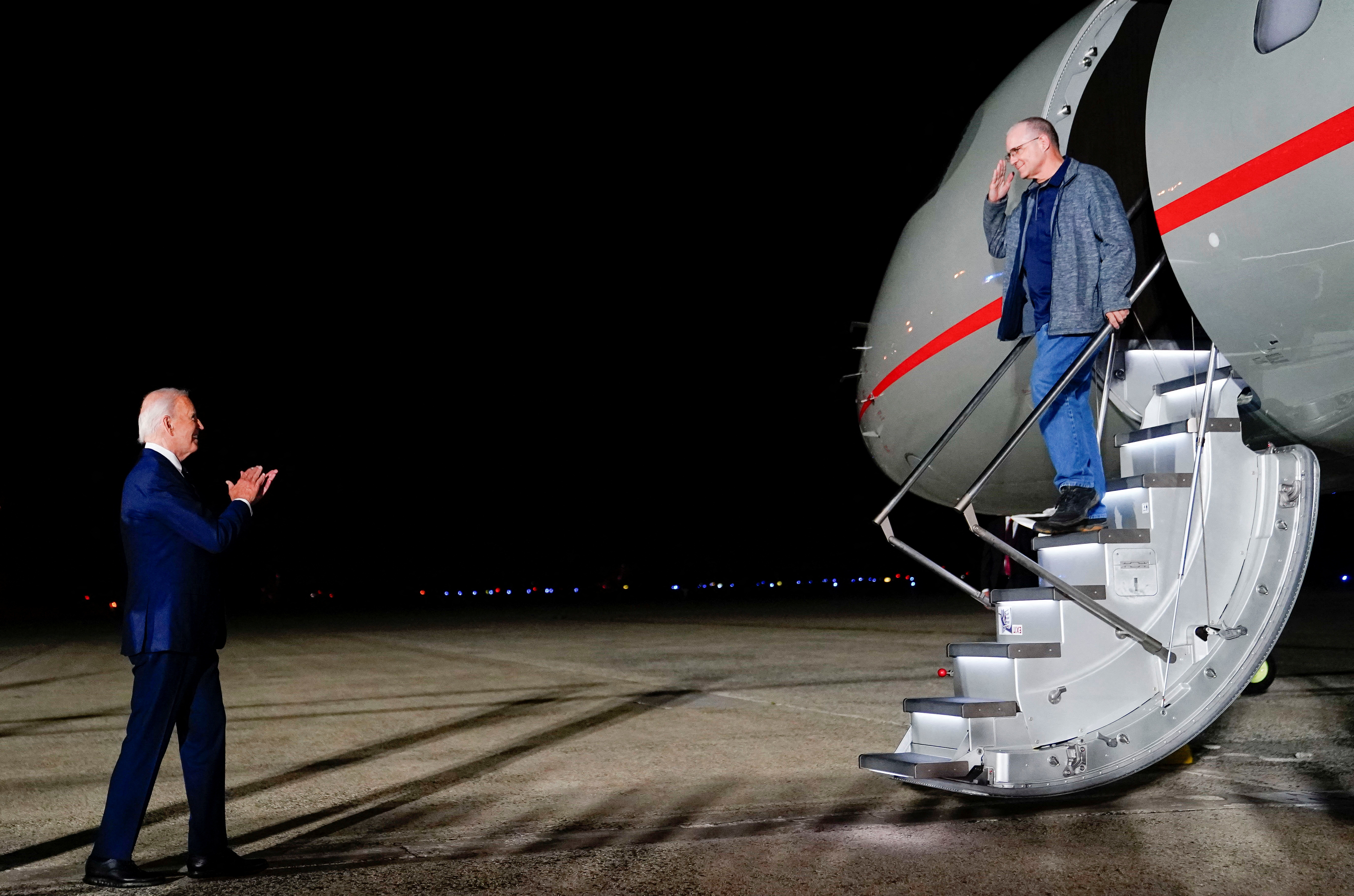 U.S. President Joe Biden meets with Americans released from detention in Russia, upon their arrival at Joint Base Andrews