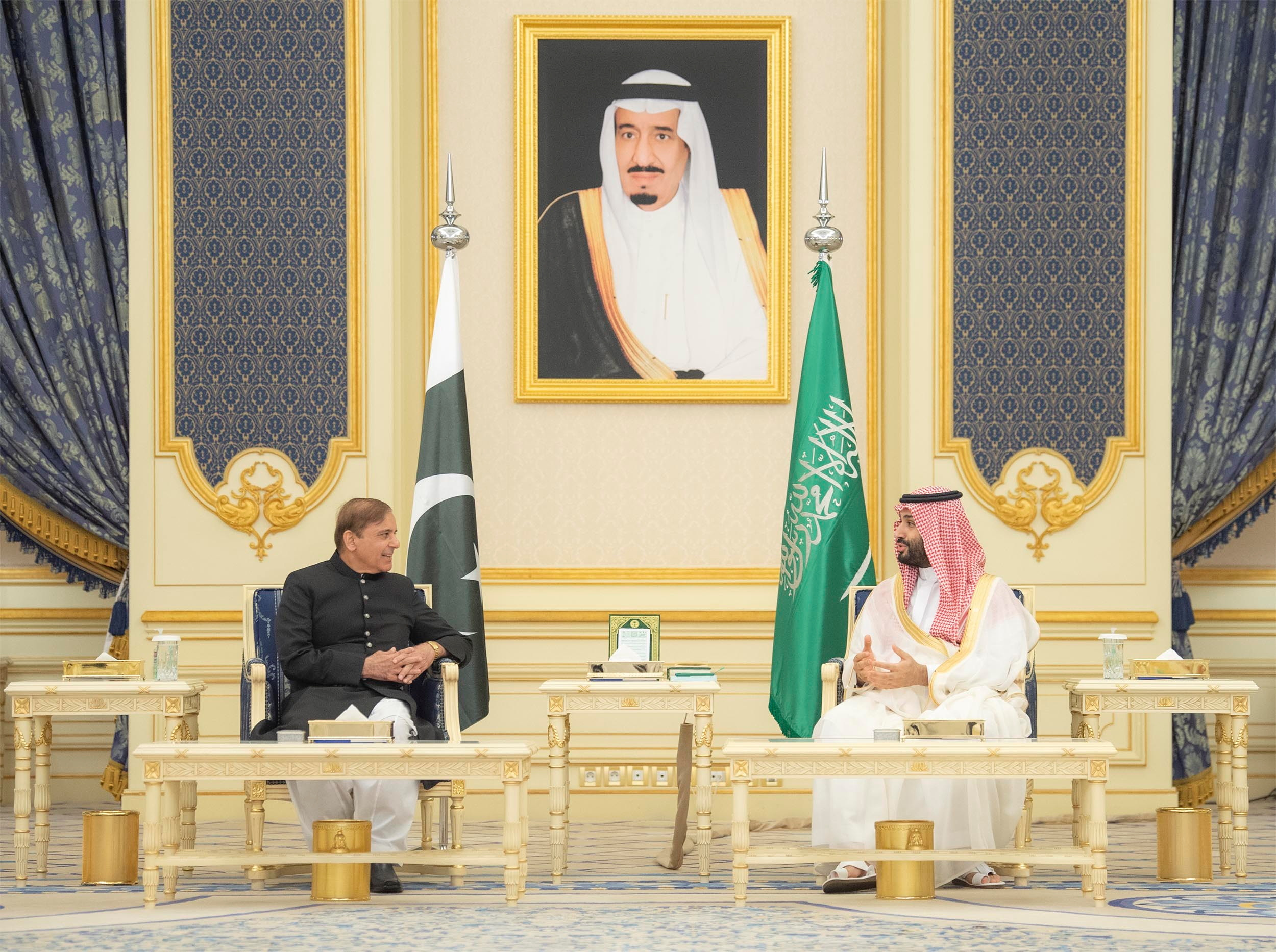 Saudi Crown Prince Mohammed bin Salman meets Pakistan's Prime Minister Shehbaz Sharif upon his arrival in Jeddah, Saudi Arabia