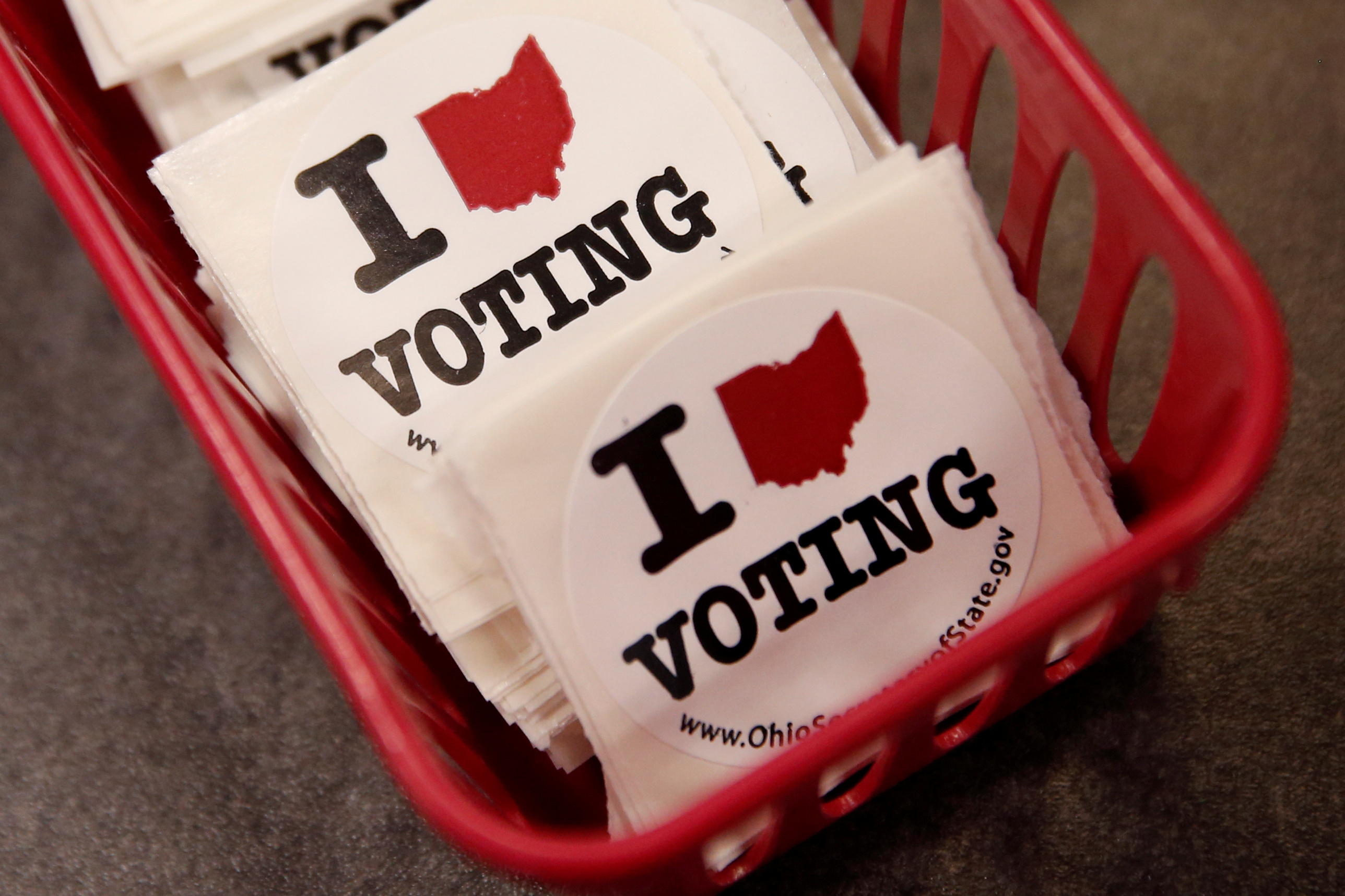 Voting stickers are seen at the Franklin County Board of Elections in Columbus, Ohio U.S., October 28, 2016. REUTERS/Shannon Stapleton/File Photo