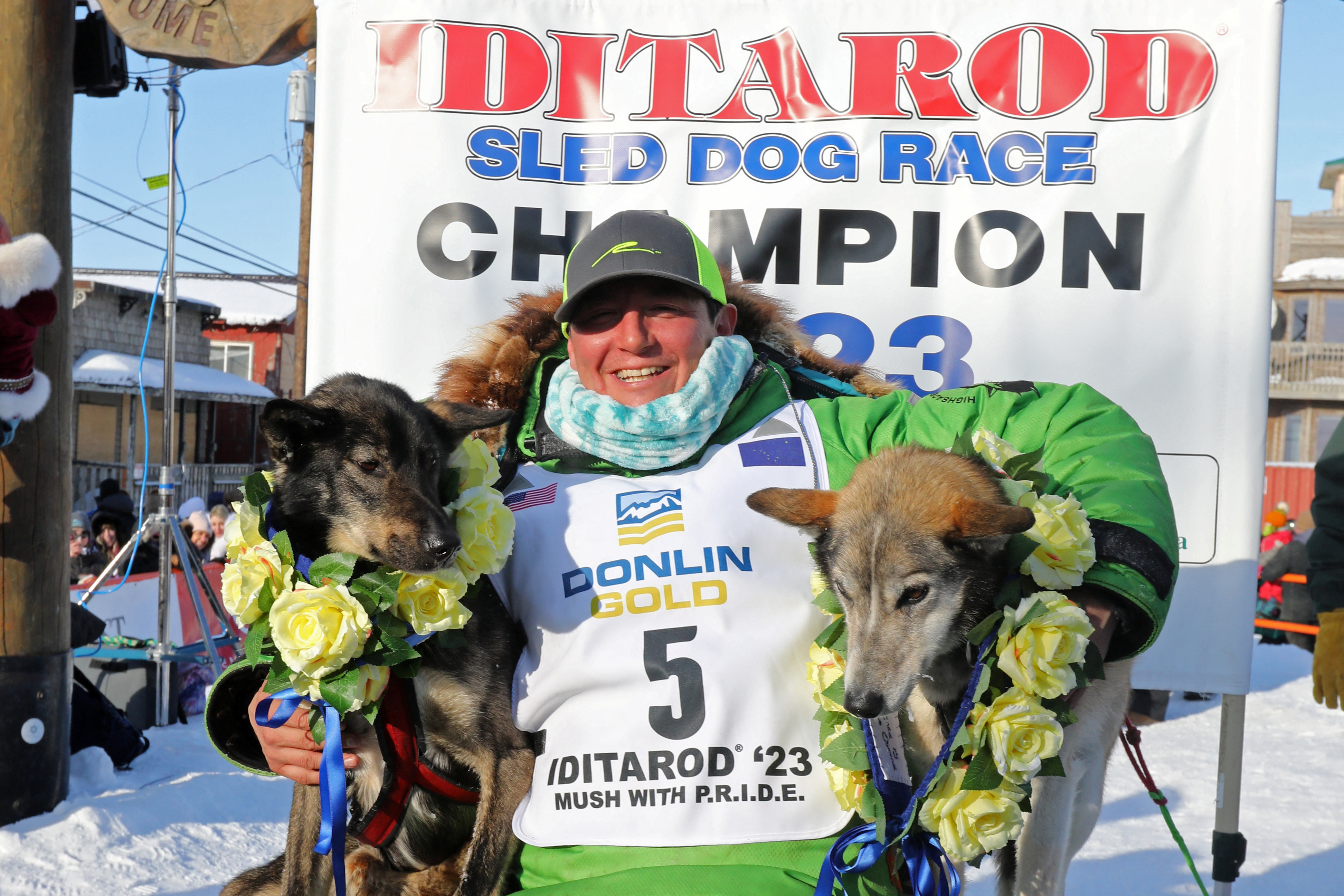 Winner Ryan Redington arrives at the Iditarod Trail Sled Dog race finish line