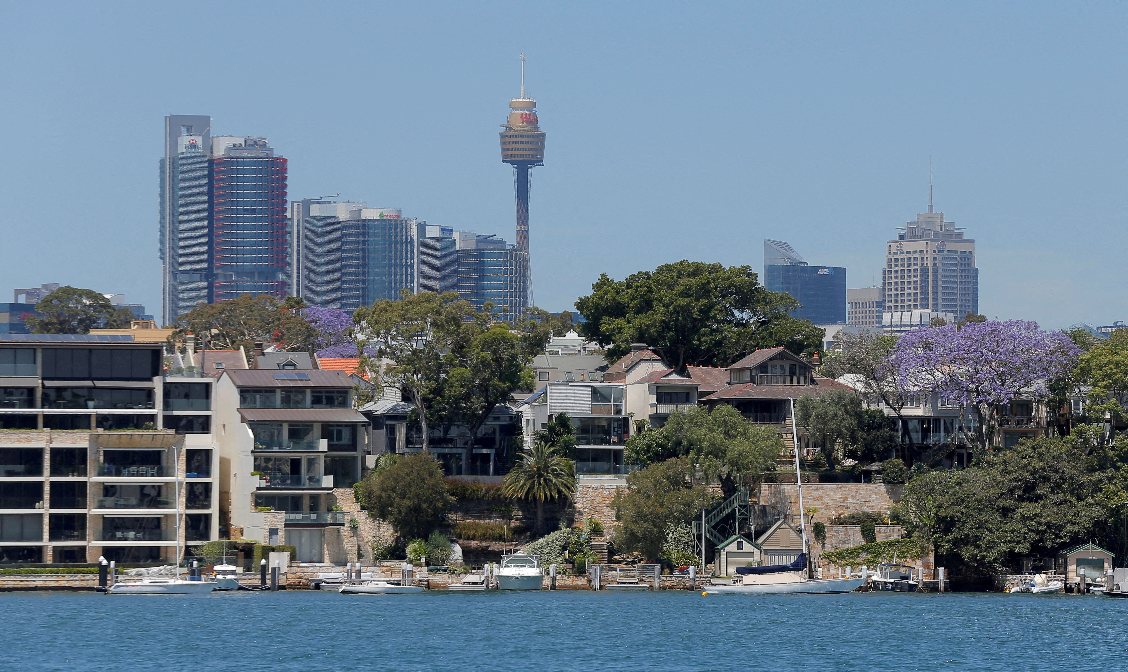 Sydney office buildings and commercial real estate appear behind Sydney waterfront properties in the suburb of Birchgrove