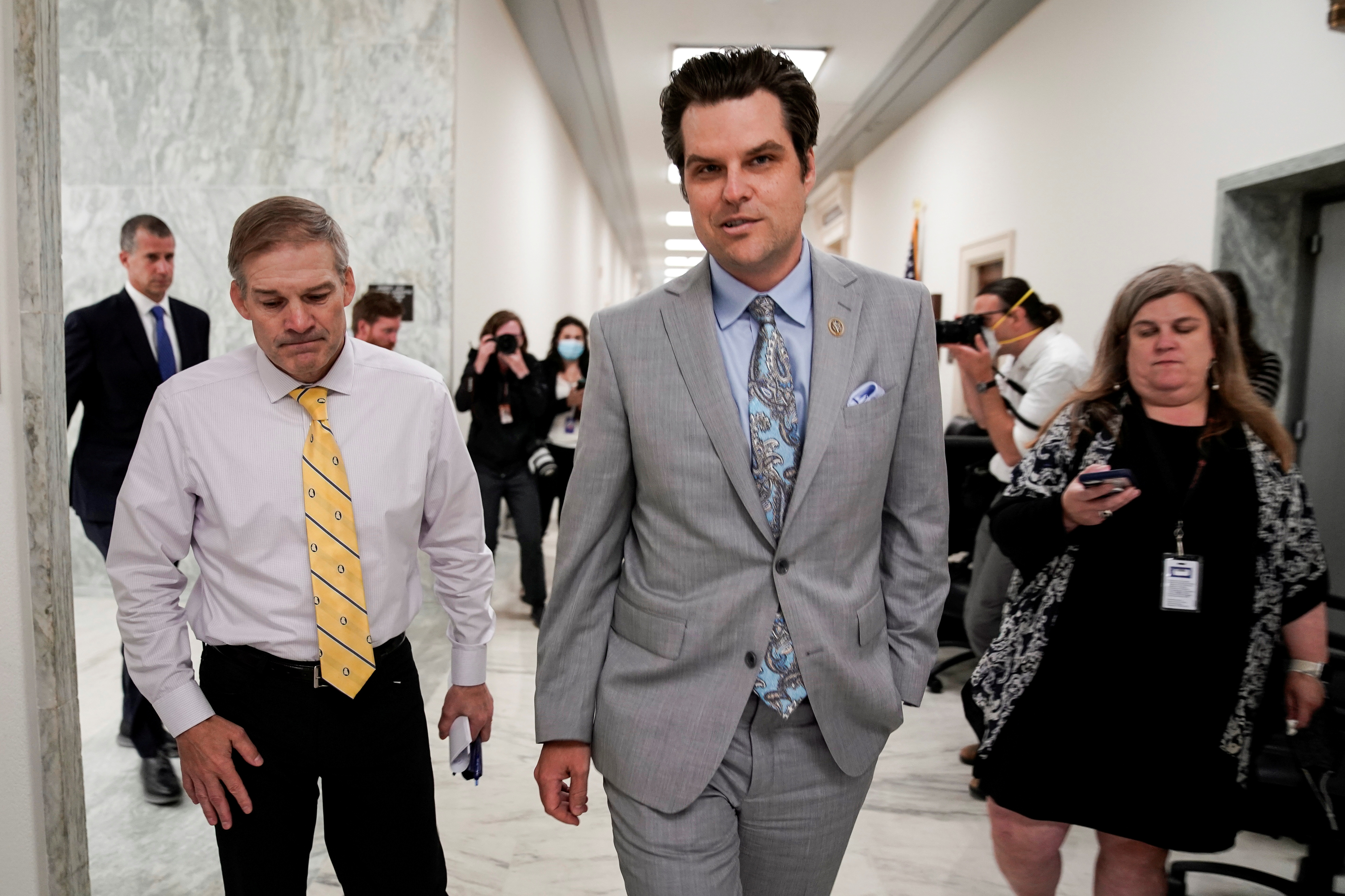 U.S. Reps. Jim Jordan (R-OH) and Matt Gaetz (R-FL) arrive to speak to the media on Capitol Hill in Washington