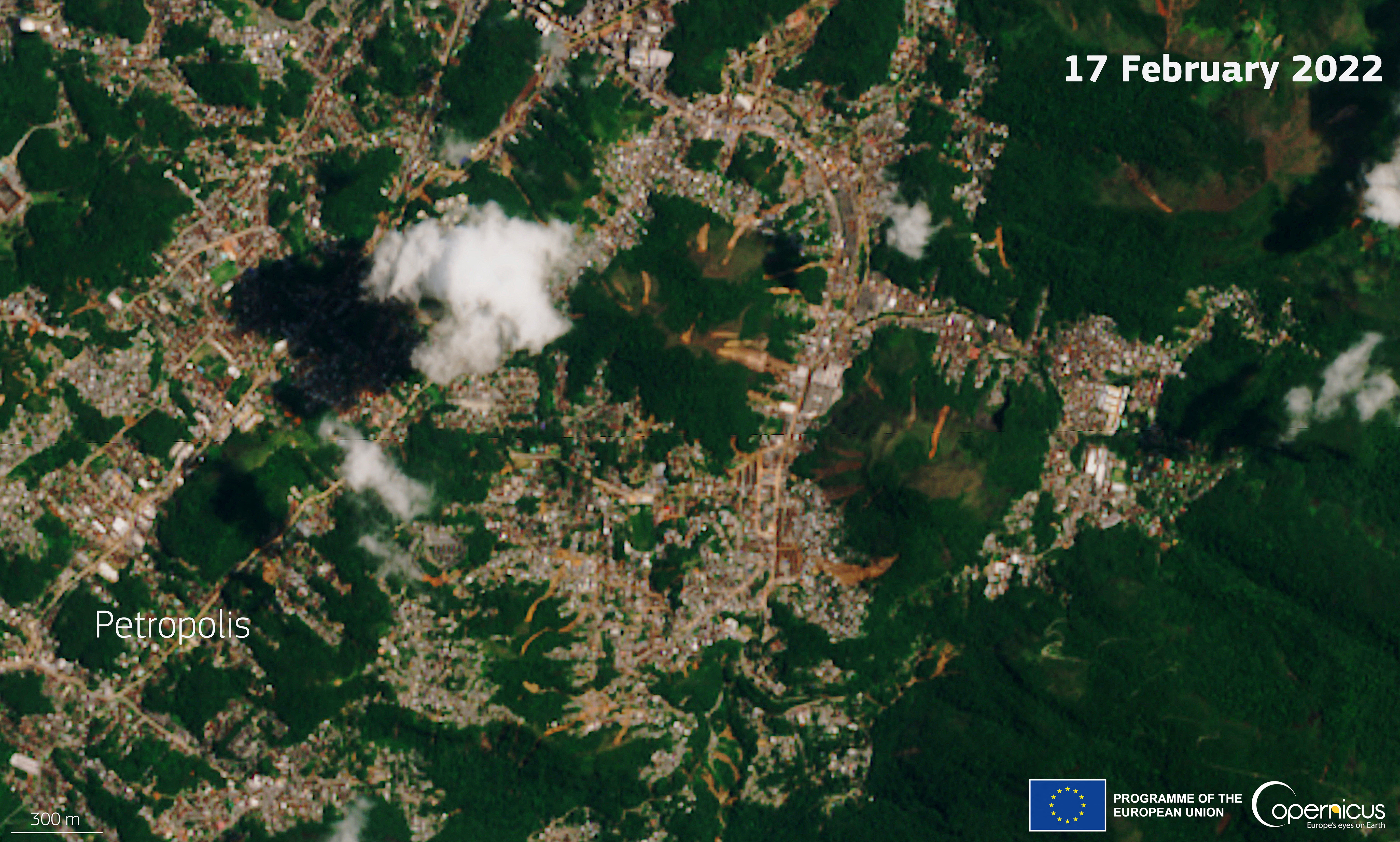 A satellite image shows landslides at an area affected by floods in Petropolis