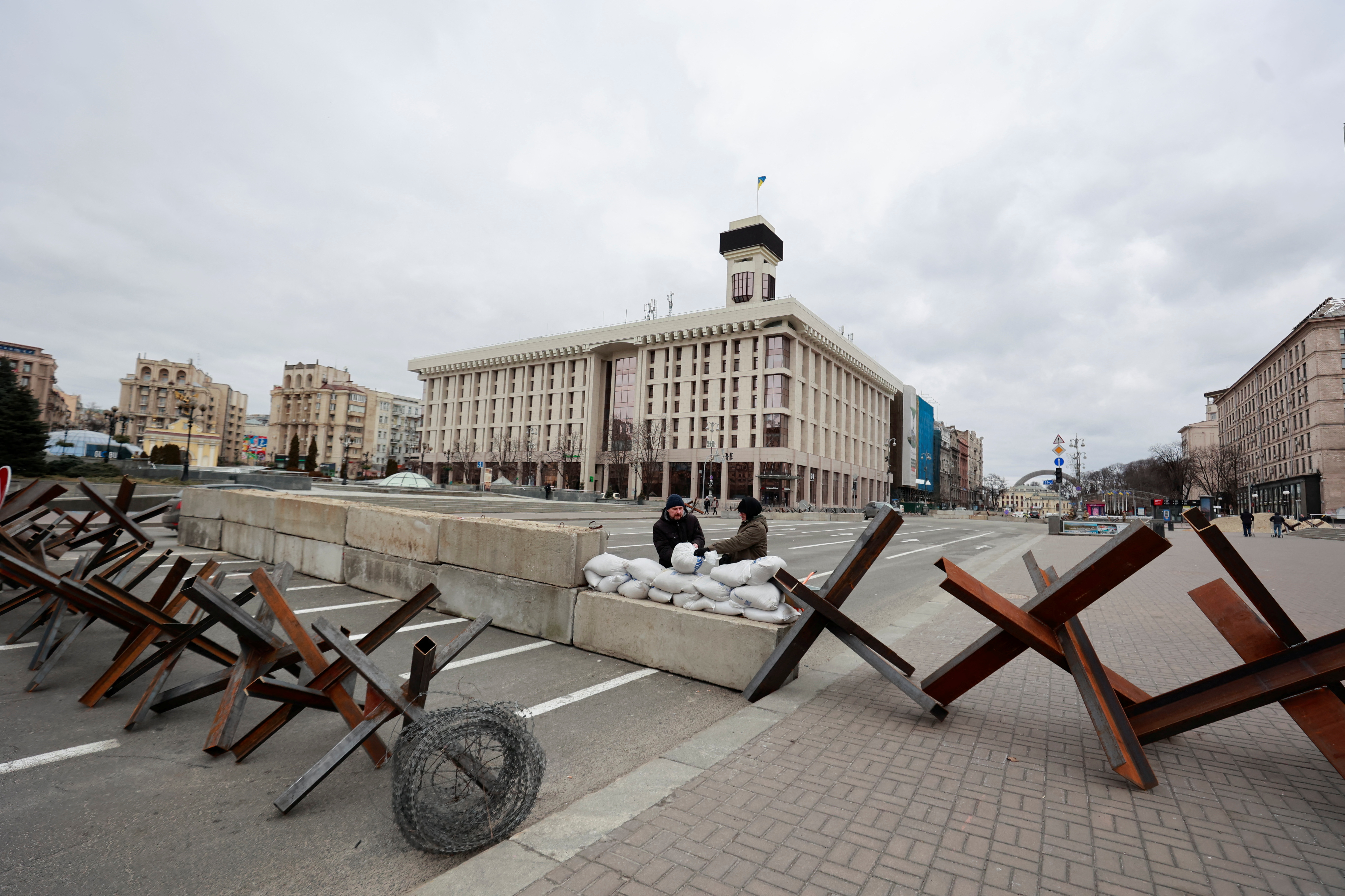 A view shows antitank obstacles in Kyiv
