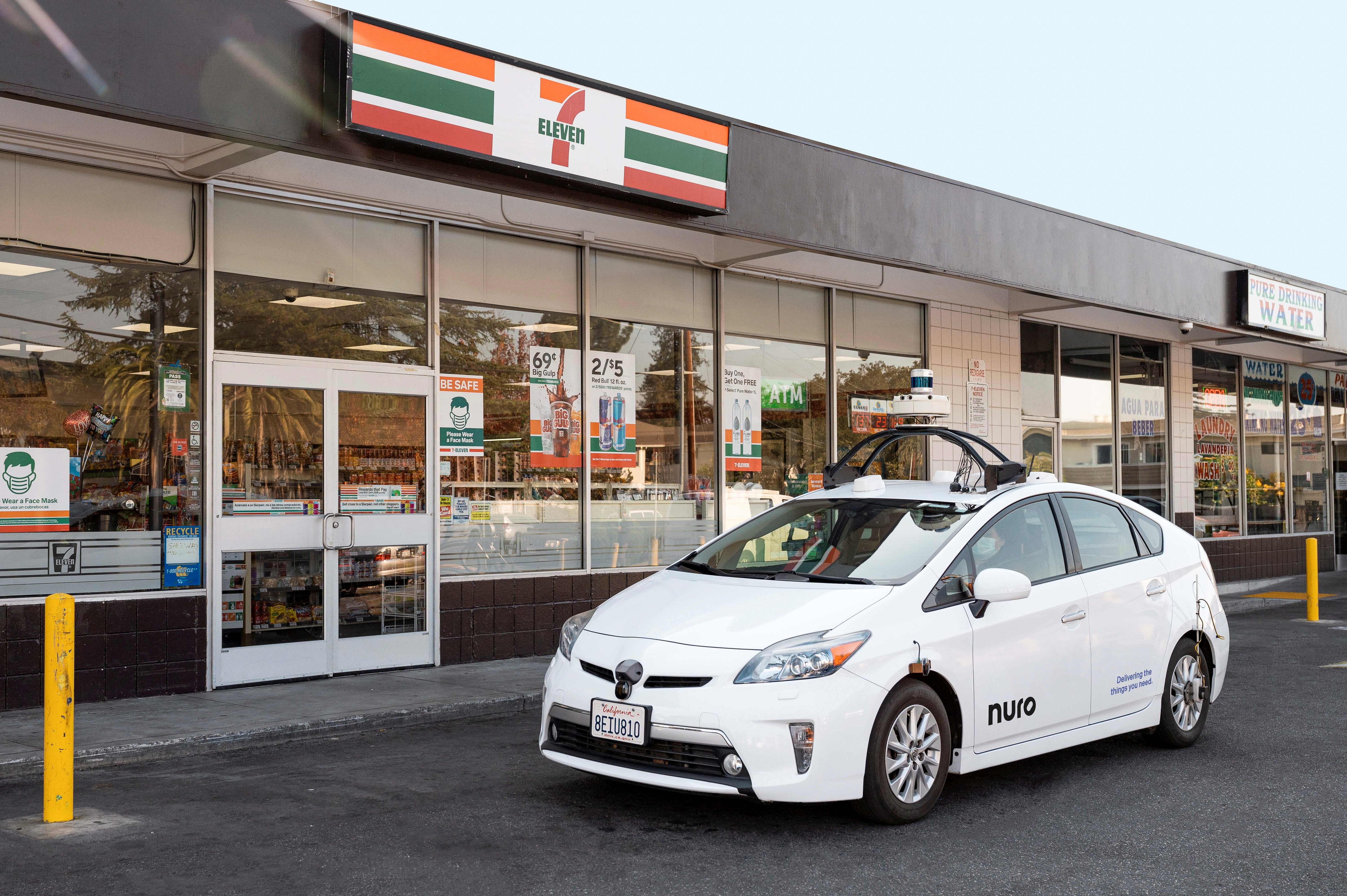 A Toyota Prius with Nuro's self driving technology is parked outside a 7-Eleven in Mountain View, California, U.S. in this undated handout photograph. Nuro/Handout via REUTERS  