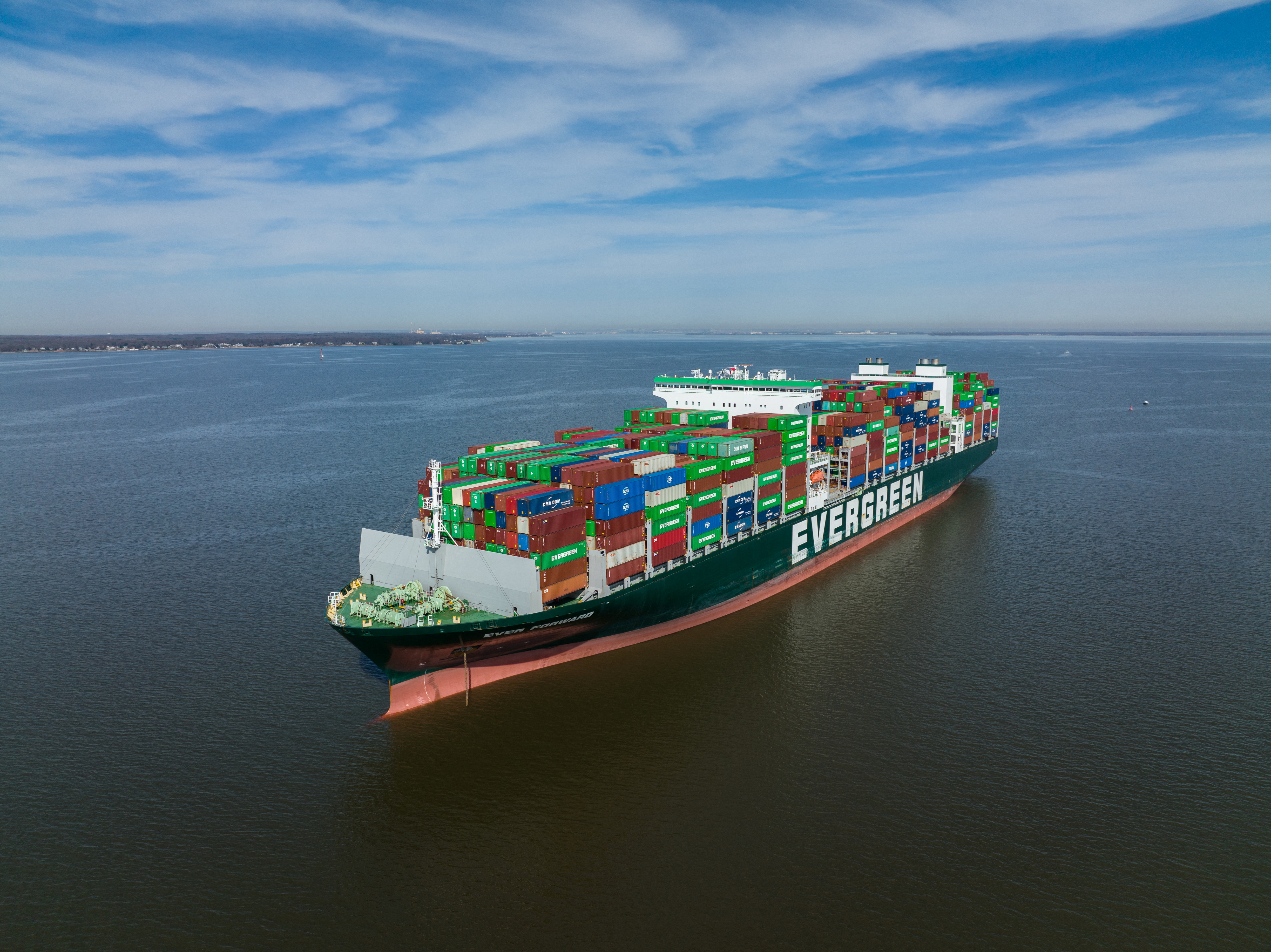 Evergreen Marine Corp container ship Ever Forward sits grounded in the Chesapeake Bay near Maryland