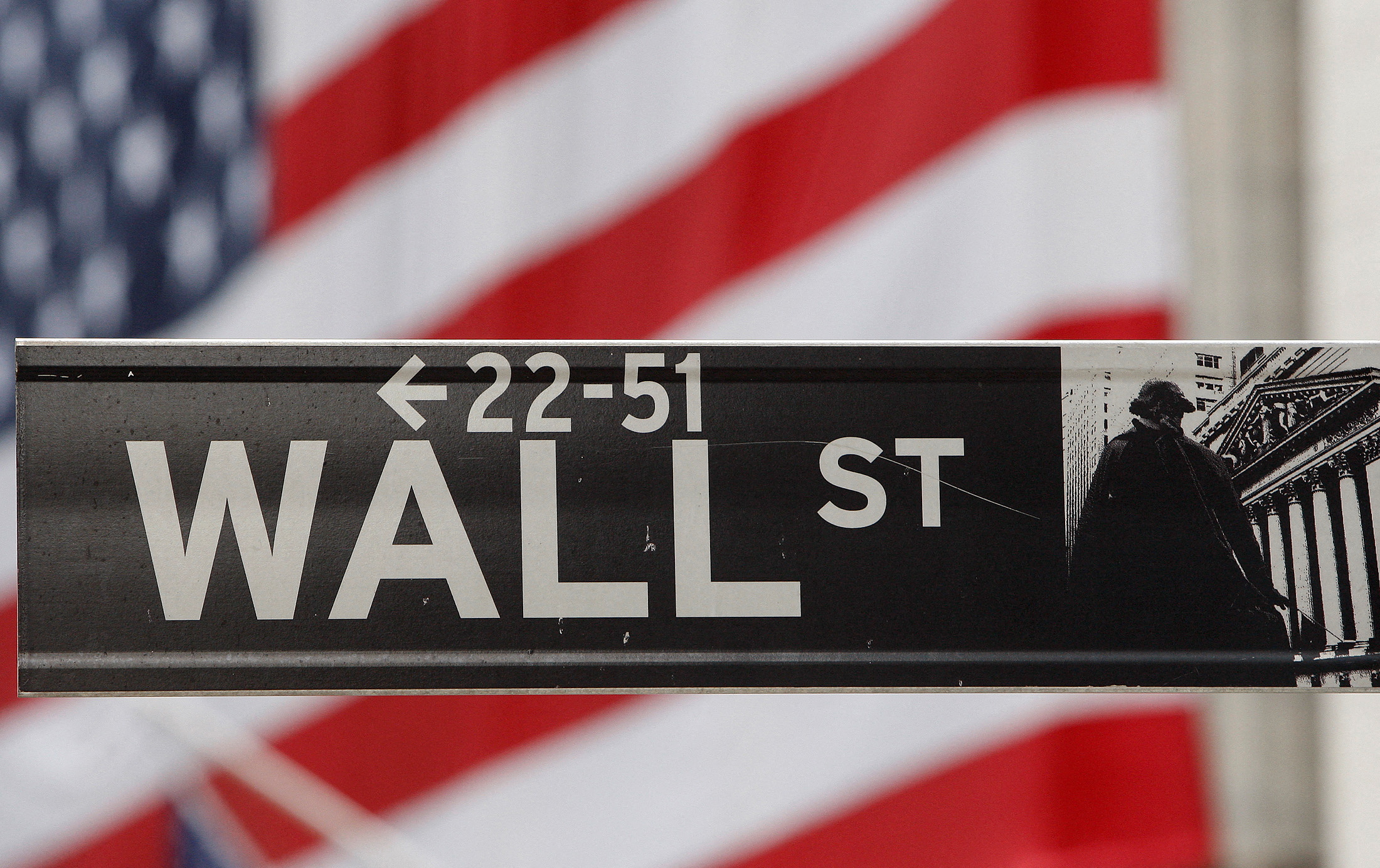 The Wall Street sign is seen in front of the New York Stock Exchange