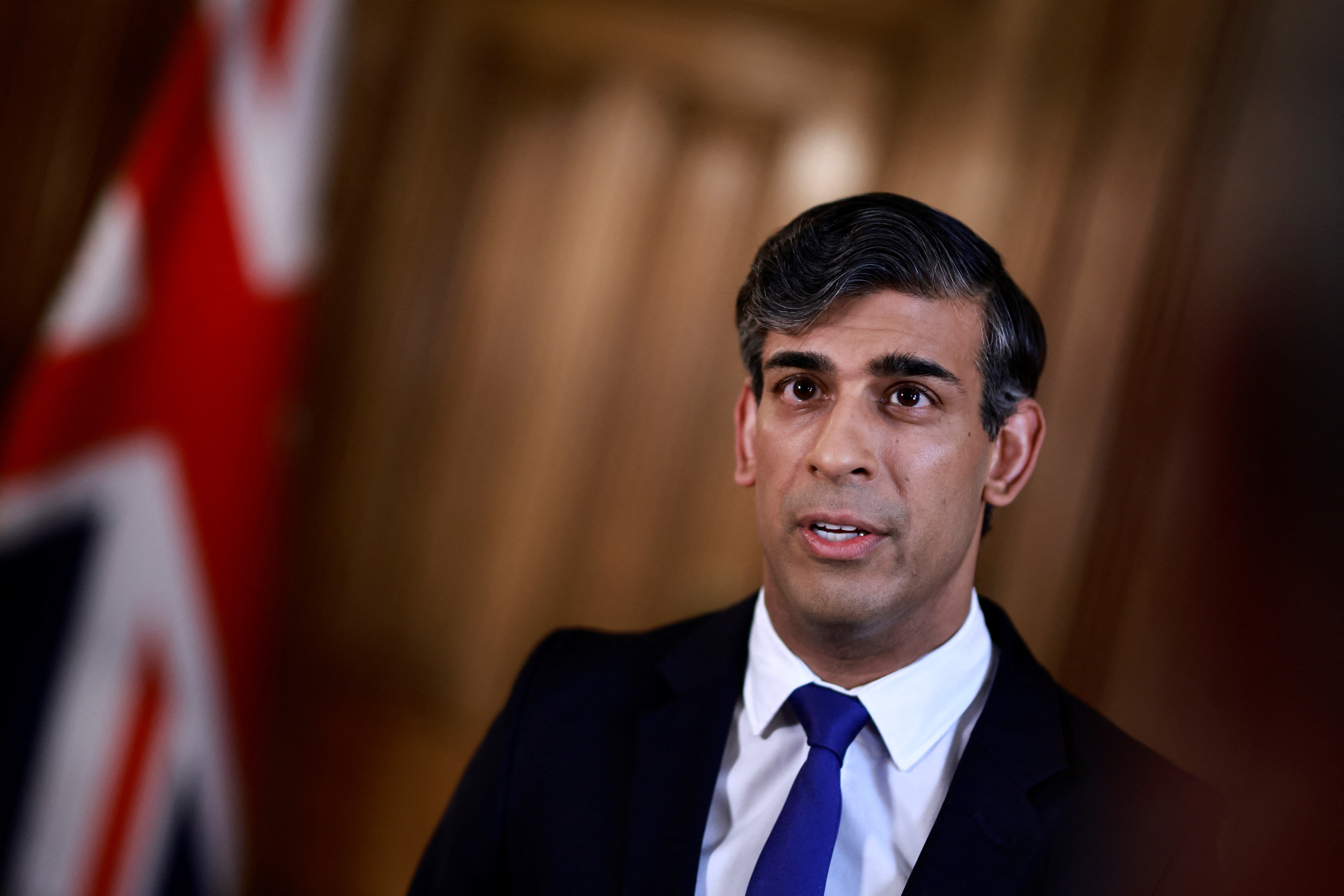 British Prime Minister Rishi Sunak records a statement on the Iranian attacks on Israel overnight, inside 10 Downing Street in central London
