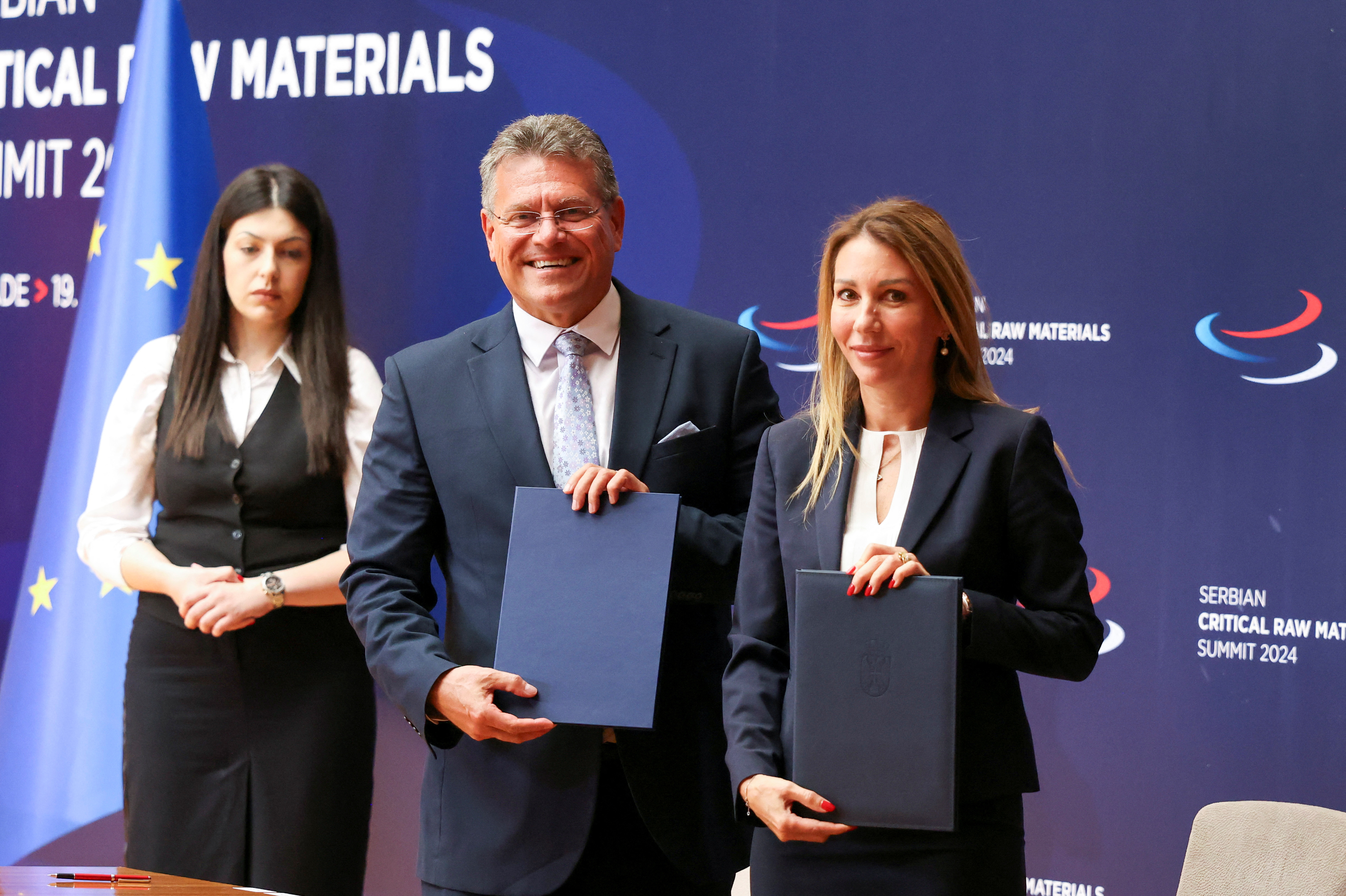 European Commission Vice President Maros Sefcovic and Serbian Minister of Mining and Energy  Dubravka Djedovic hold a signed a memorandum of understanding with the European Union, in Belgrade