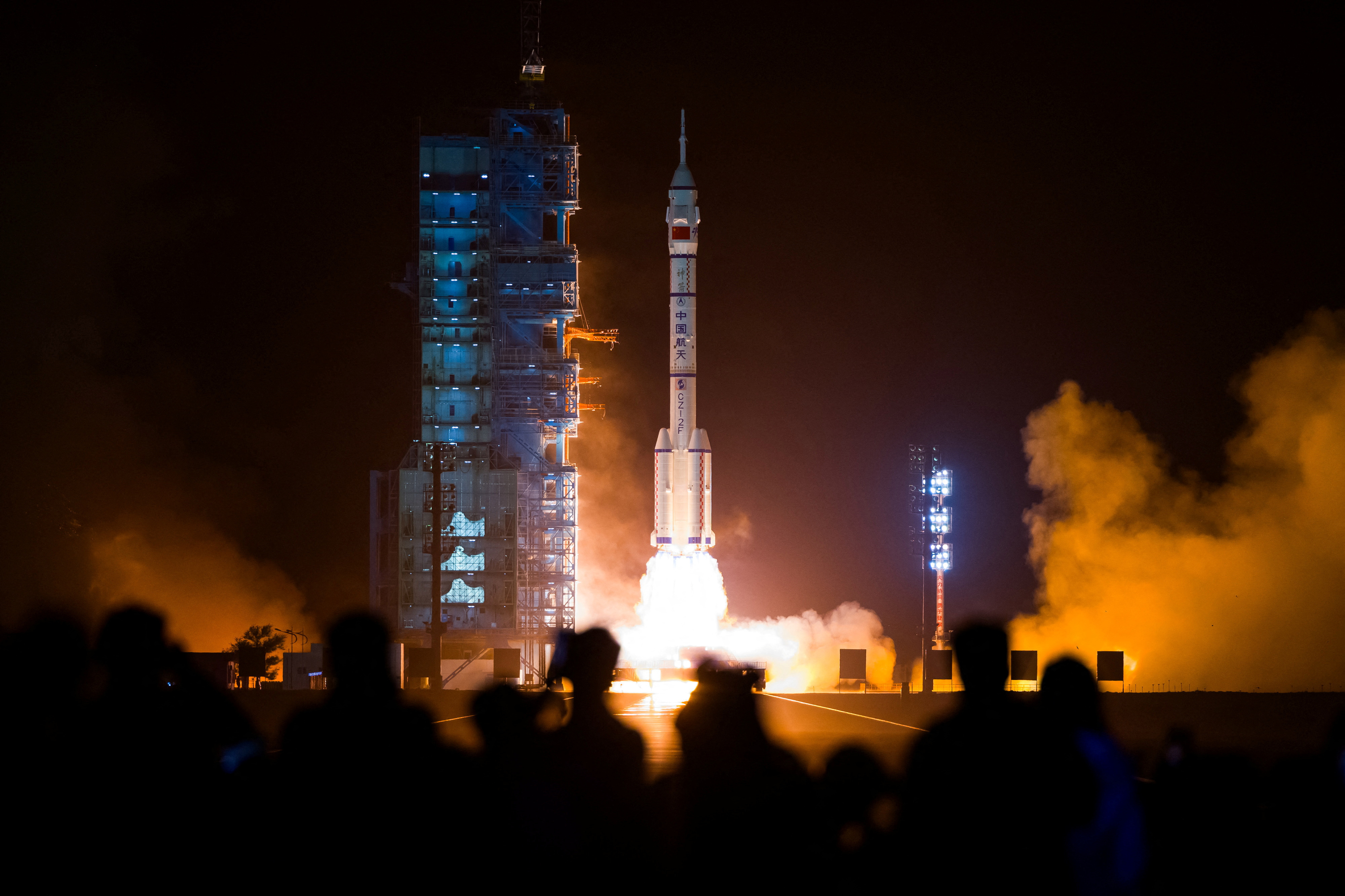 A Long March-2F carrier rocket carrying the Shenzhou-18 spacecraft takes off from Jiuquan Satellite Launch Center