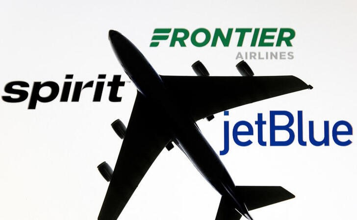 Illustration shows JetBlue, Spirit and Frontier Airlines logos