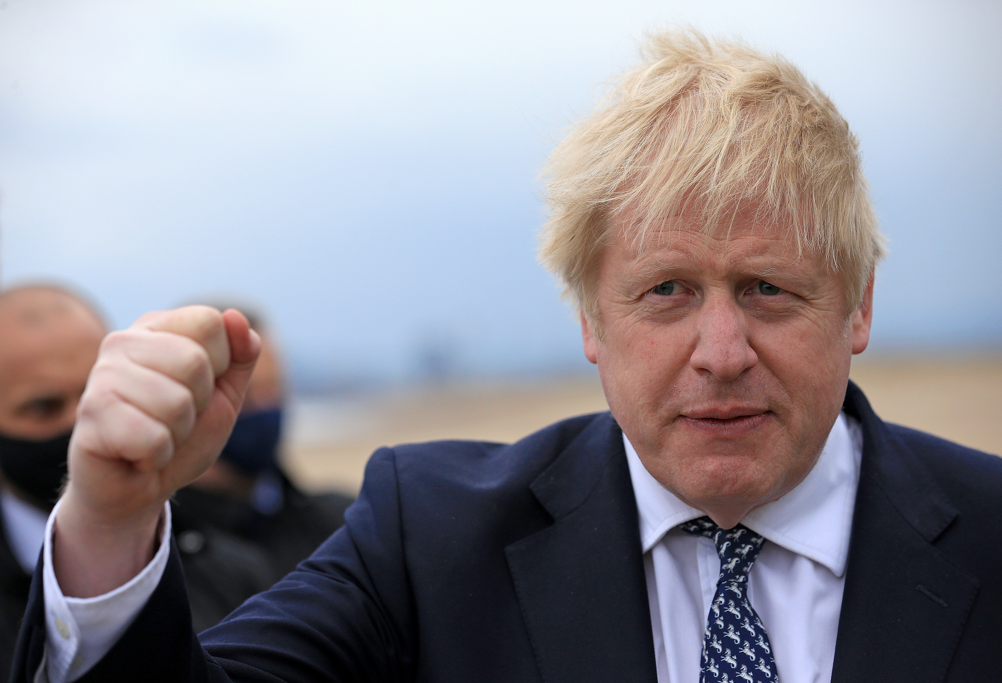 Britain's Prime Minister Boris Johnson gestures as he campaigns on behalf of Conservative Party candidate Jill Mortimer in Hartlepool