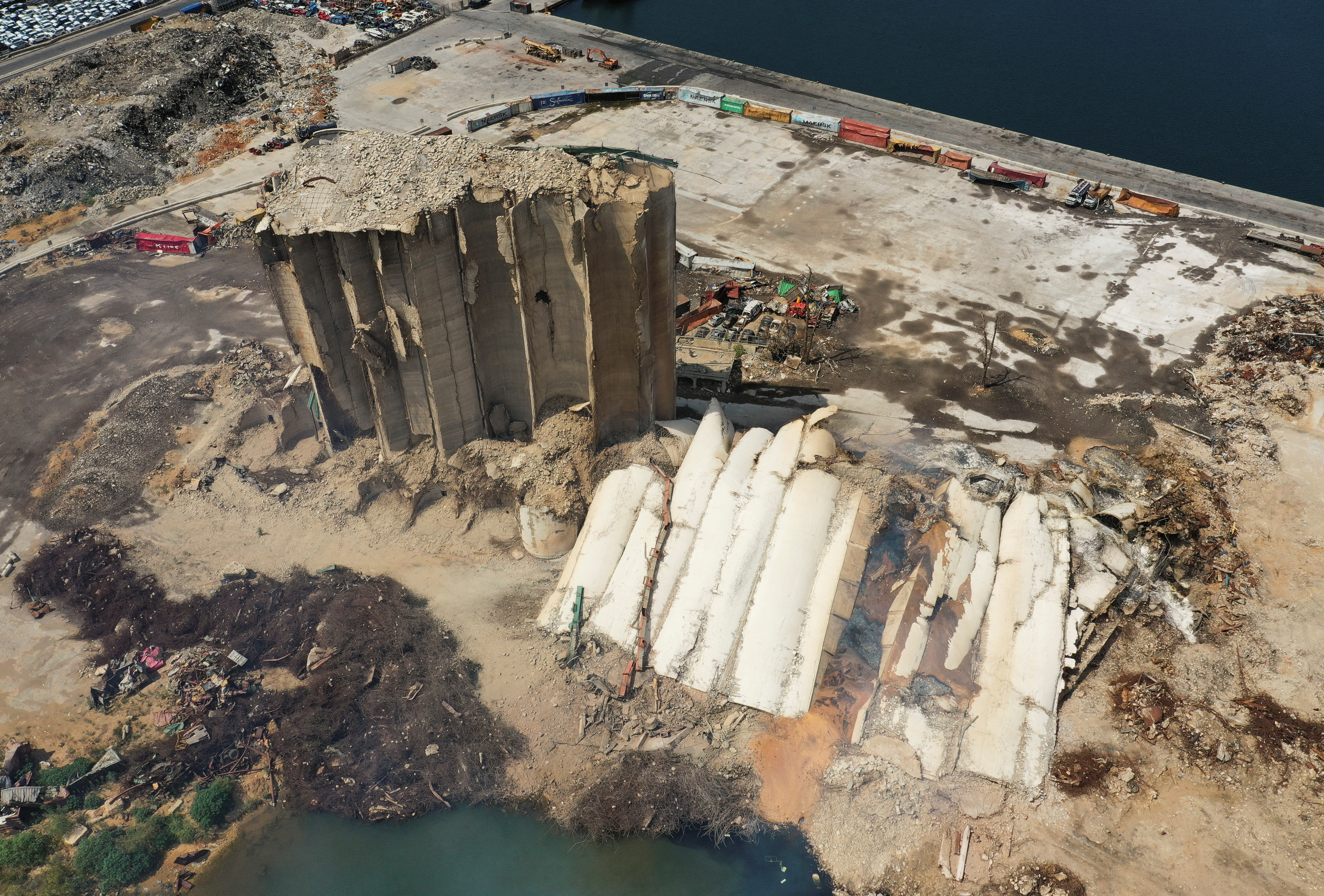 A view shows the collapsed northern section of the Beirut grain silos, damaged in the August 2020 port blast