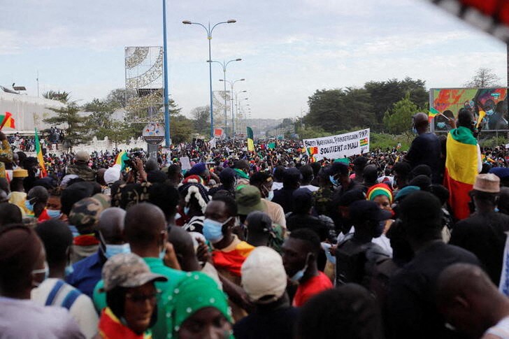 Supporters participate in a demonstration called by Mali transitional government, in Bamako