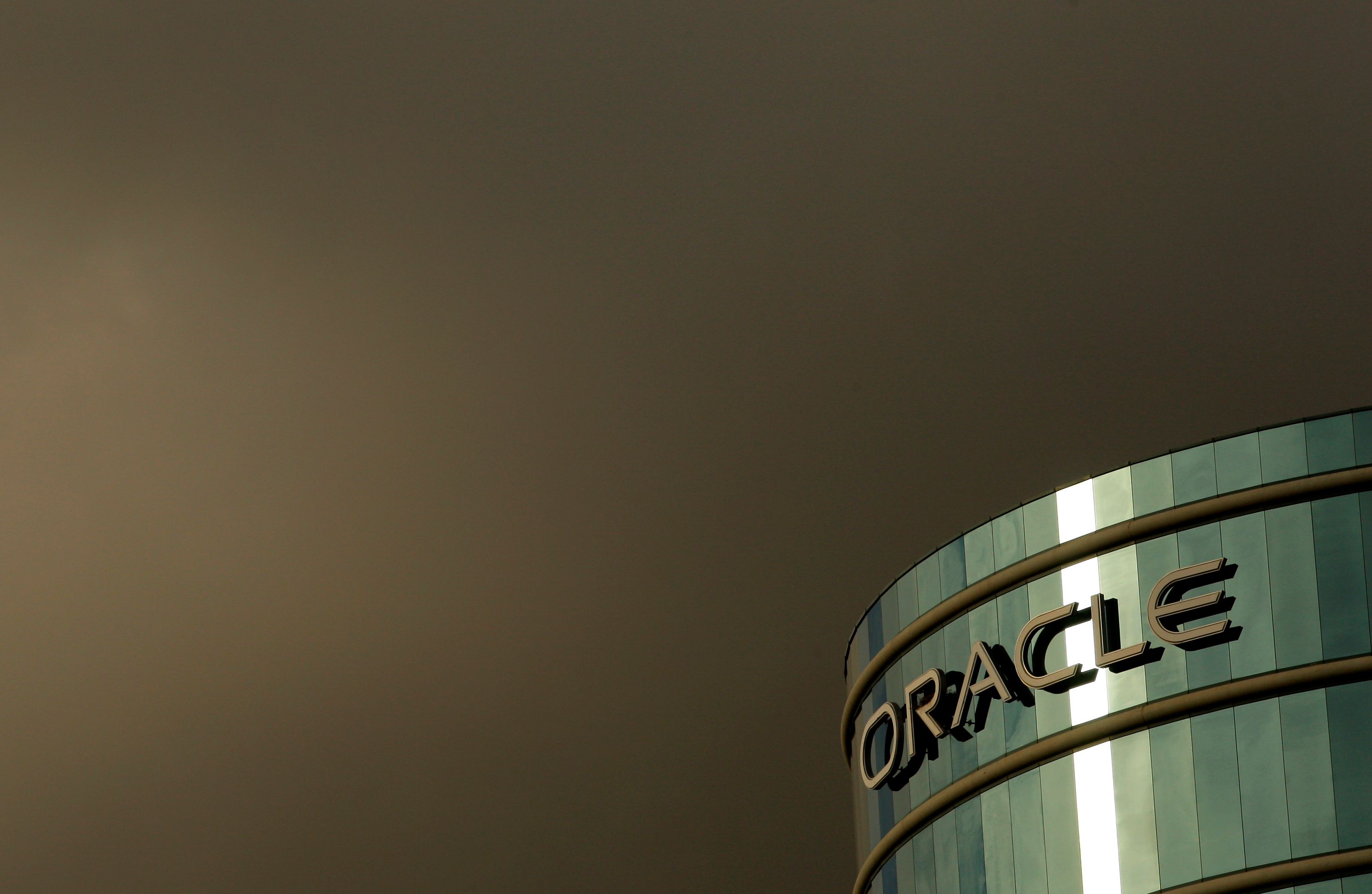 Company logo shown at headquarters for Oracle Corp shown in Redwood City