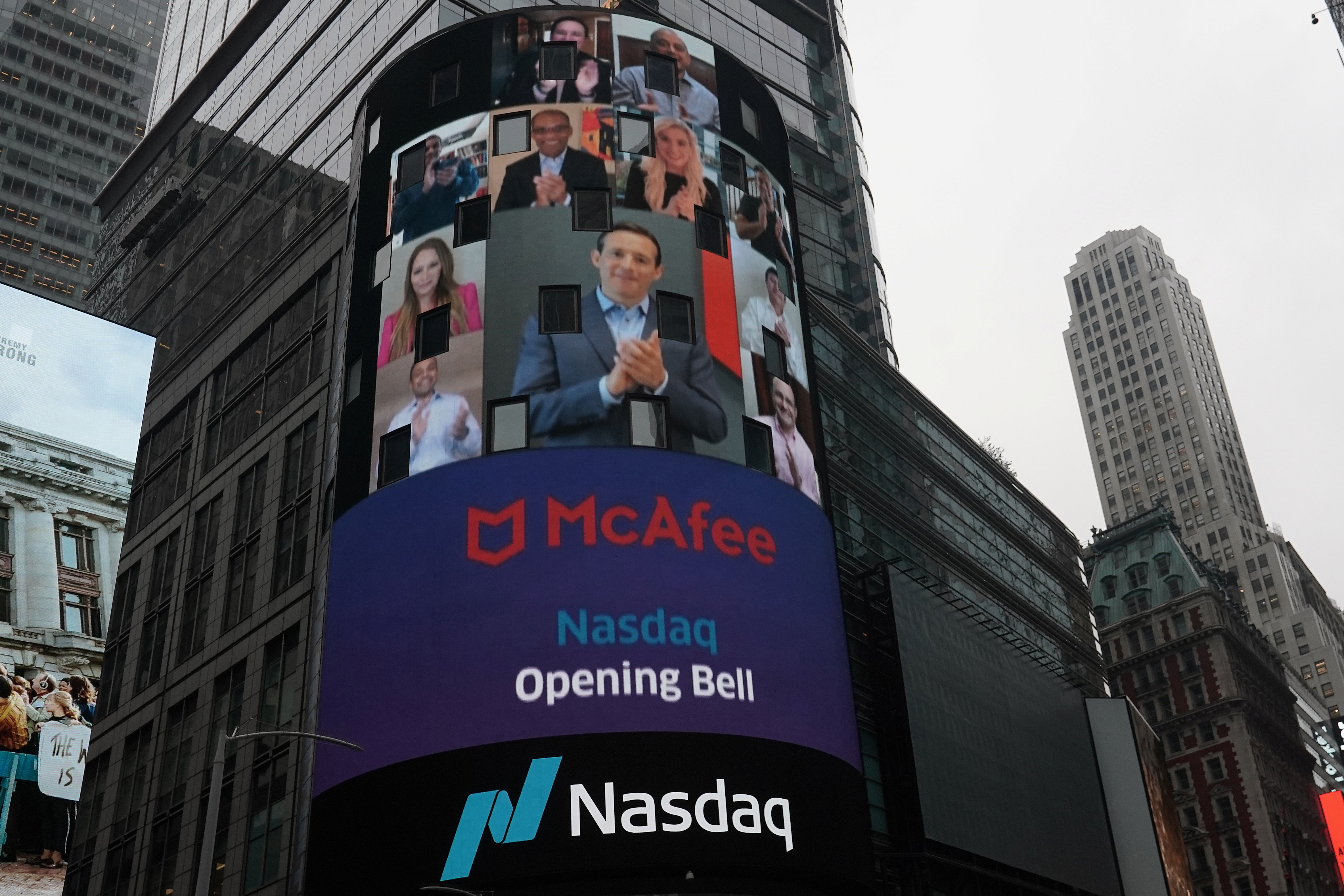 Cyber security firm McAfee holds a virtual IPO at NASDAQ Marketsite in the Manhattan borough of New York City, New York, U.S., October 22, 2020. REUTERS/Carlo Allegri
